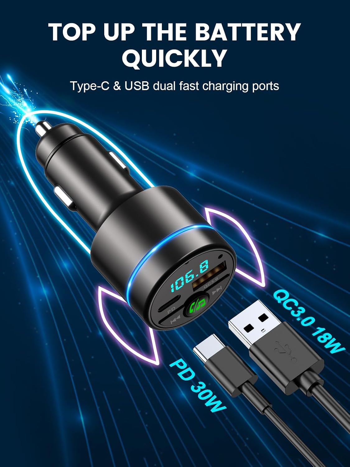 RIWUSI FM Transmitter for Car Bluetooth 5.3, [All-Metal] PD 30W & QC3.0 18W Fast Car Charger, Wireless FM Radio Kit Bluetooth Car Adapter, Noise Cancelling Hands-Free Call, Blue Light - Black