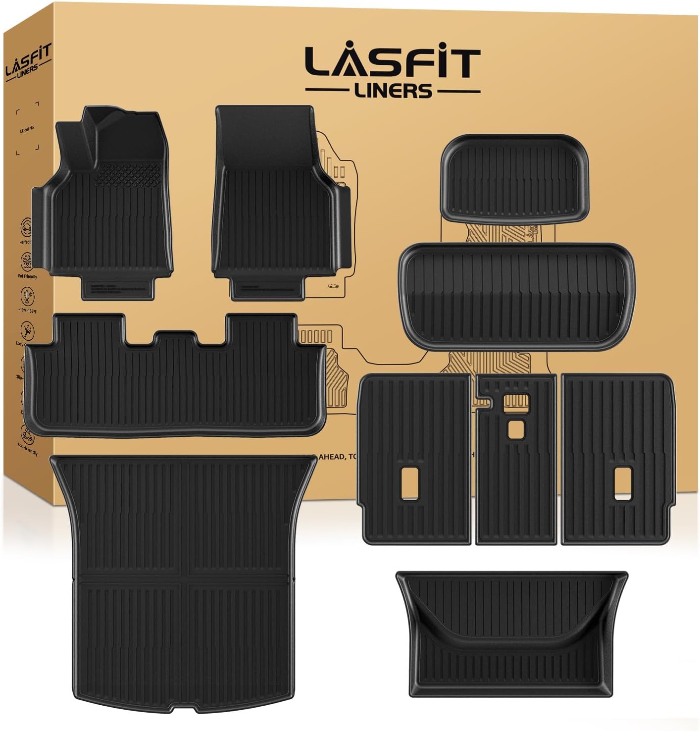 LASFIT 10PCS Floor Mats for Tesla Model Y Juniper 2026 2025, TPE Custom Fit All Weather Model Y Juniper Accessories with Cargo Mat Trunk Mats Full Set (Not Fit Standard Range)