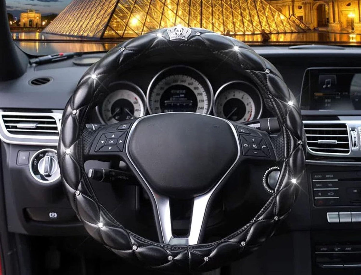 Diamond Black Leather Bling Steering Wheel Cover for Women Car Steering Wheel Protector Queen Rhinestones Anti-Slip Universal Fit 14 1/2-15 inch
