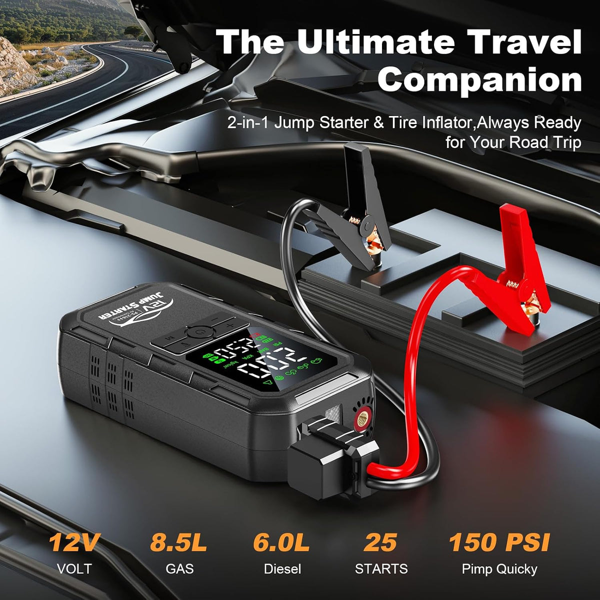 10-in-1 Car Battery Jump Starter with Air Compressor 8000A 160PSI Portable Car Jumper Starter (All Gas 12L Diesel), 12V Jump Box Car Battery Jump Starter Portable Jumper Cables, Lights (8000A)