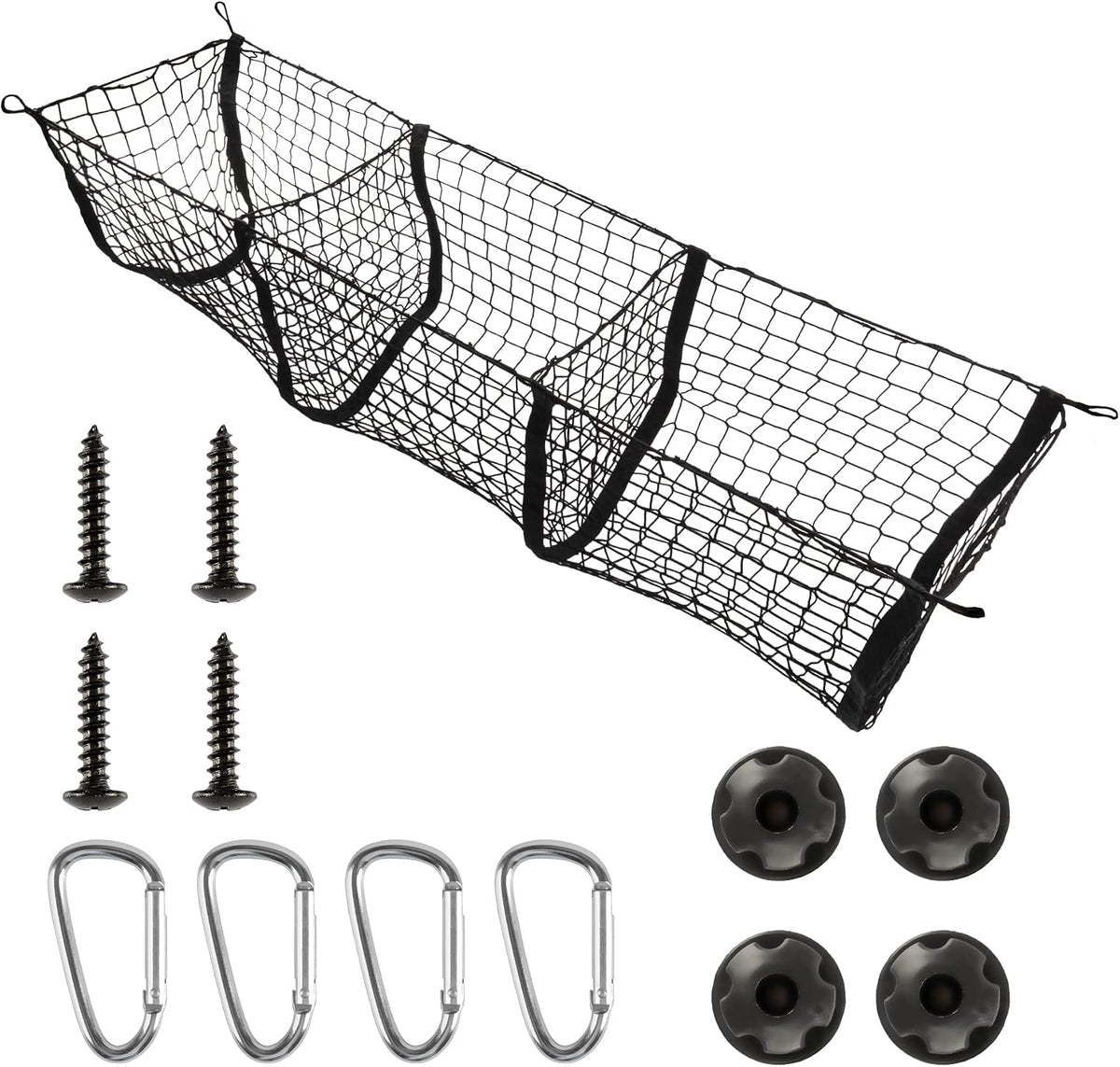 Amiss Heavy Duty Mesh Cargo Net, 3 Pocket Trunk Bed Storage Organizer Compatible for SUV, Car, Pickup Truck Bed, Etc.with 4 Metal Hooks (11.8×11.8×47.3 Inch), Black
