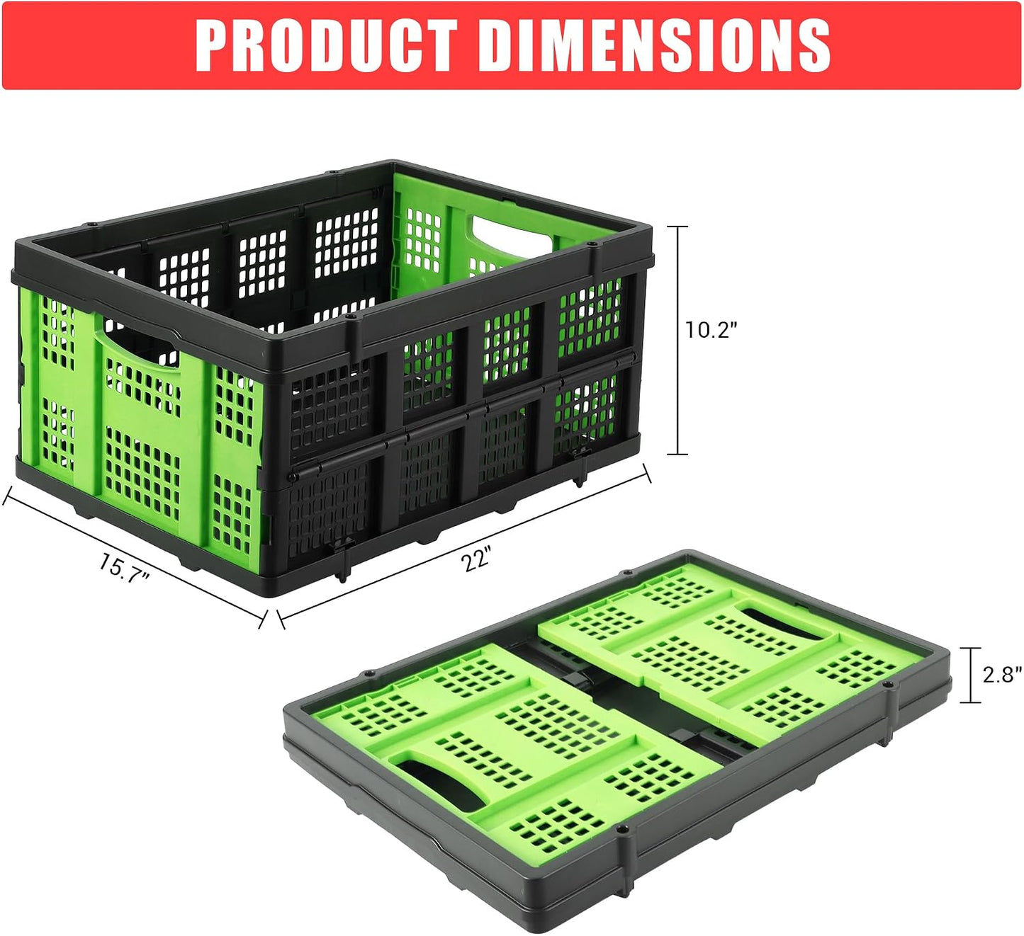 OUTLANE Collapsible Milk Crate,55L Folding Stackable Plastic Storage Bins with Side Handles,Heavy Duty Stackable Containers Folding Storage Baskets for Home, Office, School & Garage,Green
