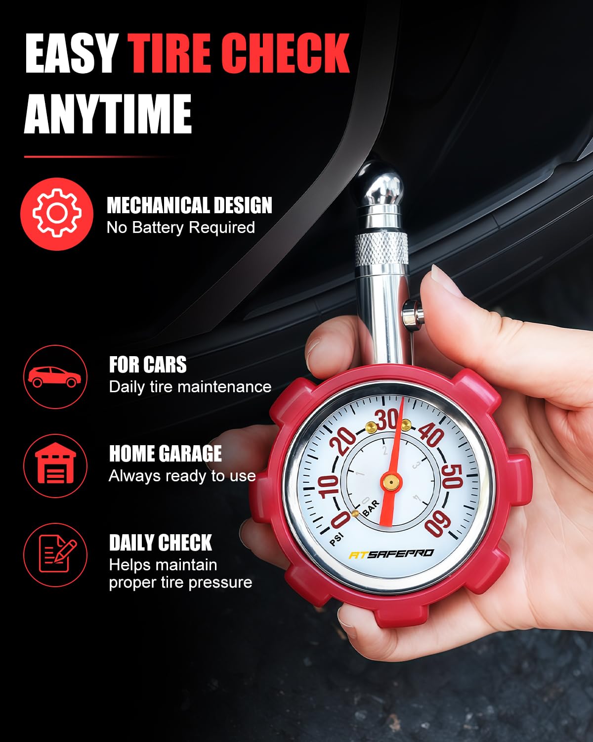 Tire Pressure Gauge 5-60 PSI, Analog 2" Dial, ANSI B40.1,Hold Function