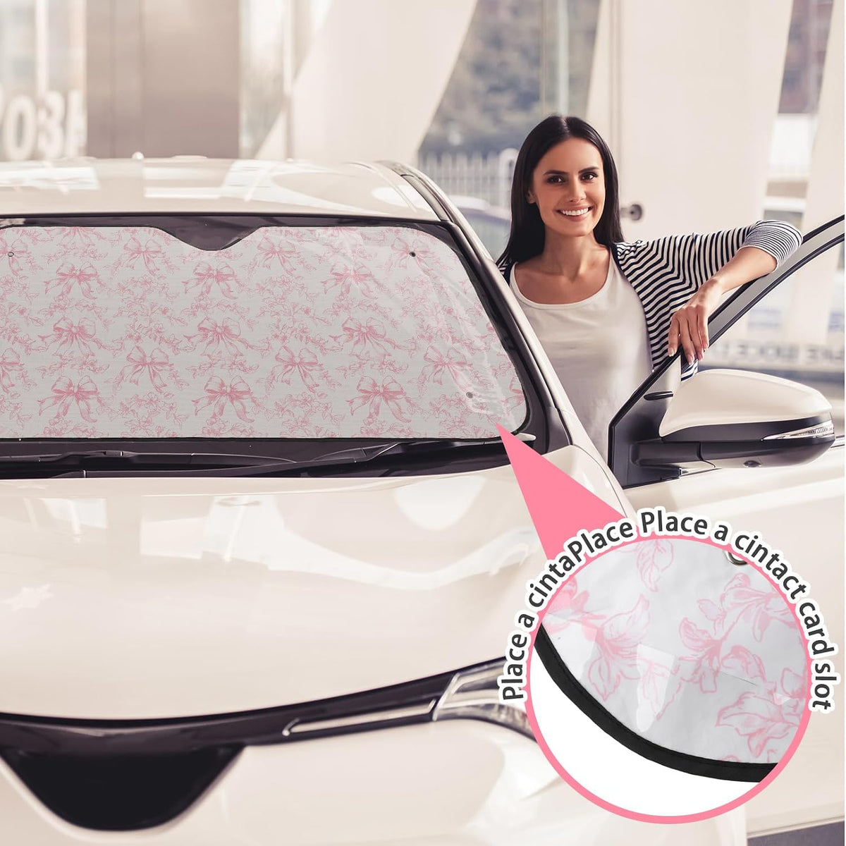 DaisyInner Pink Floral Car Windshield Sun Shade Cute Bow Cars Visor Front Windshield Sun Protector to Keep Cooler Vehicle Automotive Sunshade Interior Heat and UV Protection 55 x 27.6 Inch