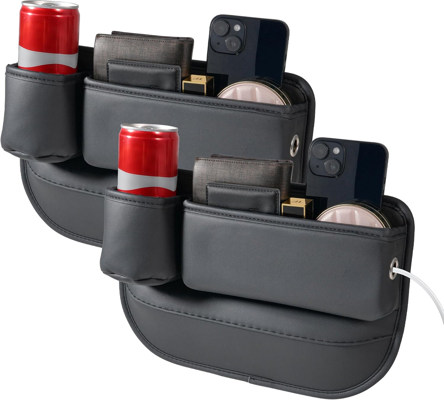2 Packs Universal Fit Car Seat Gap Filler Organizer, Premium Leather Anti-Drop Car Side Gap Storage with Cup Holder for Phone, Keys, Sunglasses & Drinks (Black)