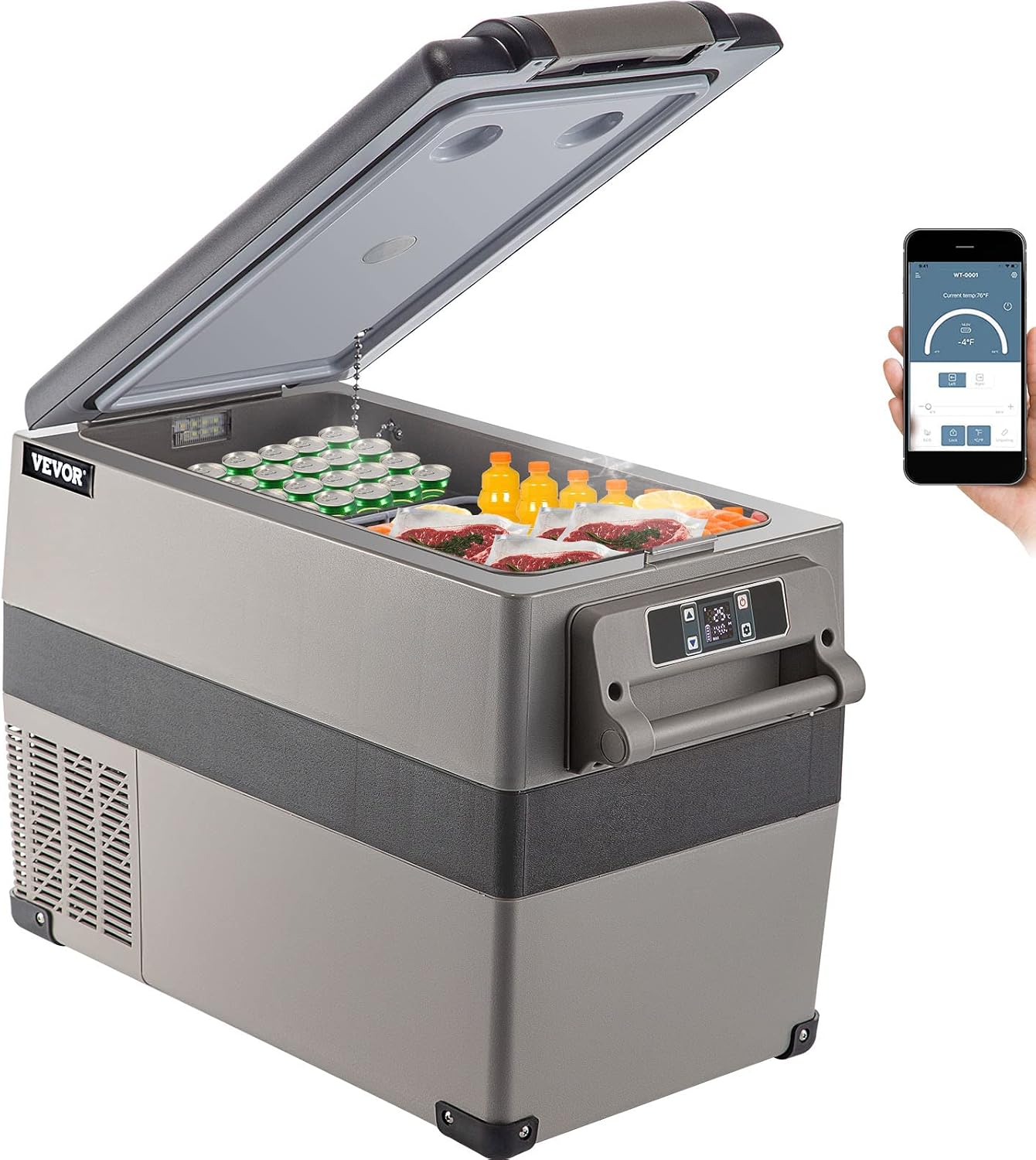 VEVOR 12 Volt Refrigerator, 48 Quart (45L) Fast Cooling Car Fridge, Portable Freezer with App Control (-4℉~68℉), 12/24v DC & 110-240v AC for Travel, Truck, Camping and Home Use, Black