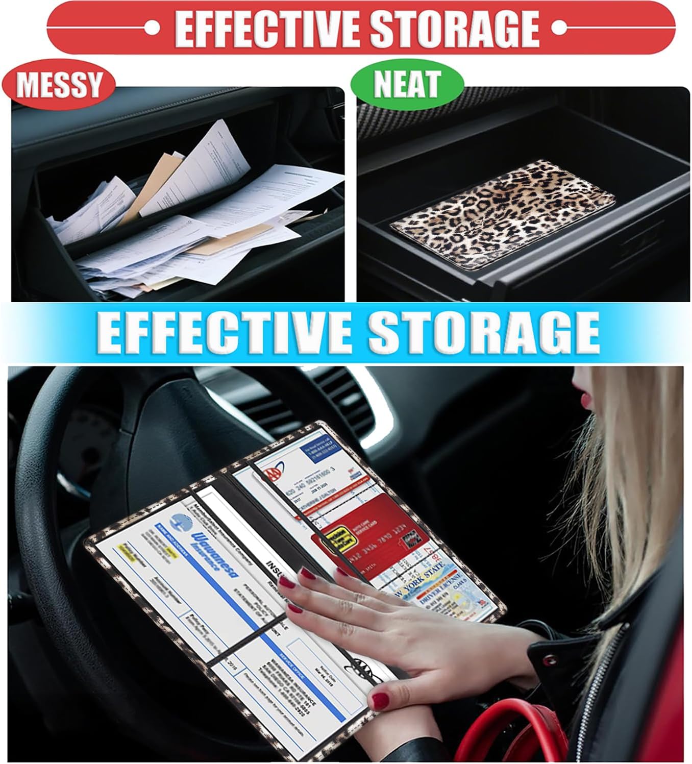 Car Document Holder with Magnetic Shut, PU Leather Car Registration & Insurance Card Holder for Driver License, Cards & Essential Documents, Vehicle Glove Box Organizer, Leopard Cheetah Print