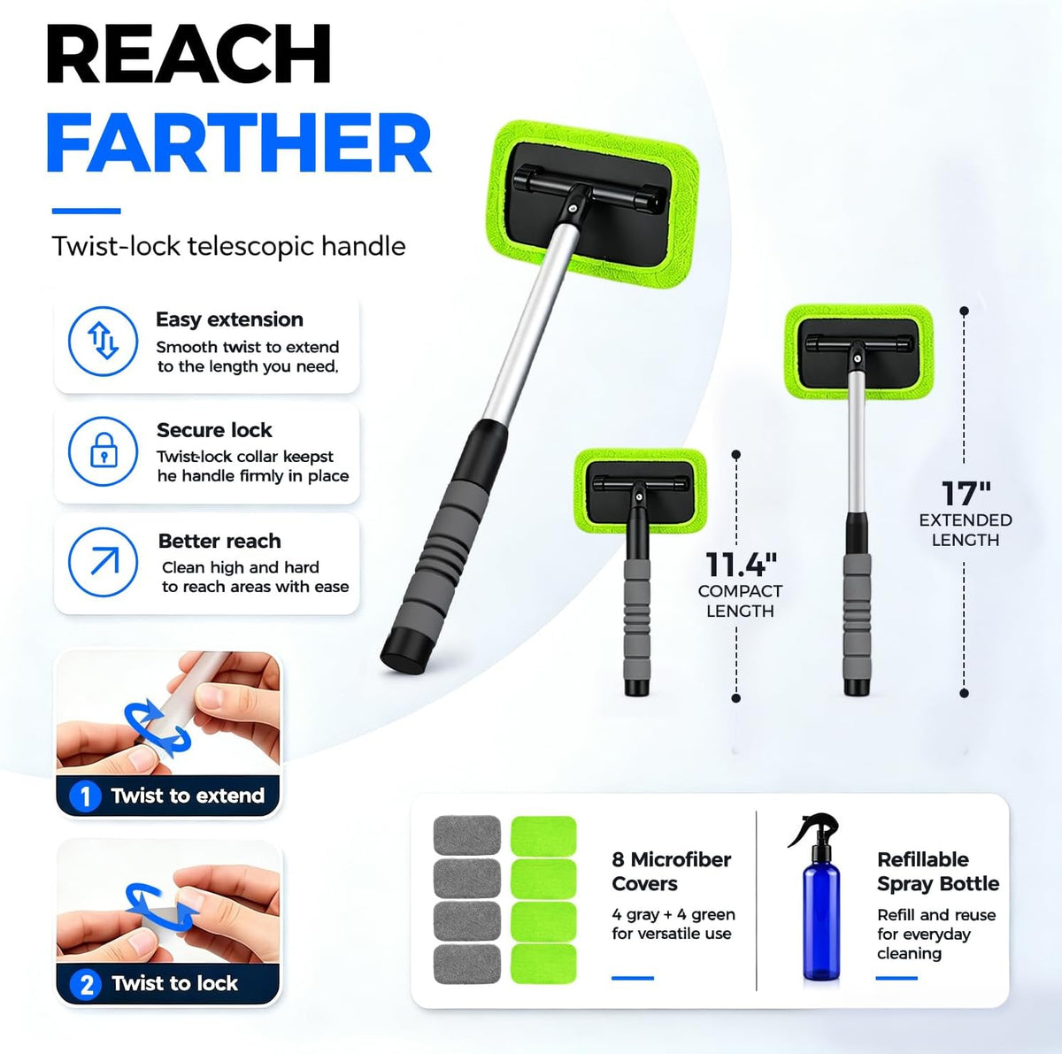 XINDELL Interior Windshield Cleaner Tool – Car Window Cleaning Tool Extendable Handle for Easy Cleaning, 9pcs Reusable Microfiber Pads, Streak-Free Interior & Exterior Auto Glass Cleaner