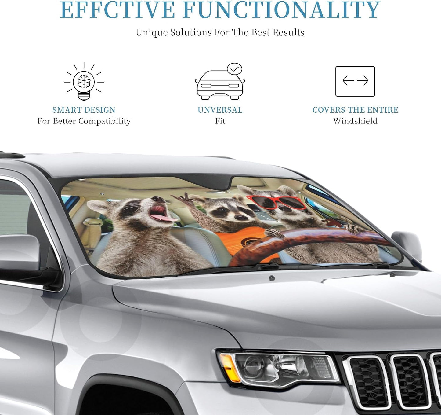 Begarm Three Funny Raccoons Animals Windshield Sun Shade for Car SUV Truck (51" X 27.5") Front Window Sun Shade Visor Shield Cover (Upgrade Hardened)