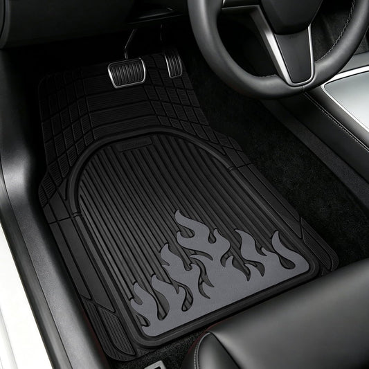 Heavy Duty Rubber Car Mats Flame Design (Graphite Gray), 4-Piece Deep Waterproof Floor Mats Set (Front & Rear Full Set), All Weather Universal Trim to Fit Automotive SUV Sedan Truck