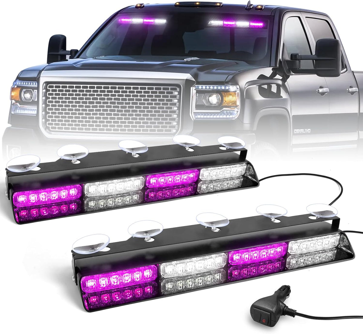 HLauto 6Z4J Emergency Dash Strobe Lights: 2x16.8 inch Red Blue Safety Lights, 48 LED Flashing Warning Hazard Interior Windshield Visor Traffic Light Bar for Trucks, Construction Vehicles