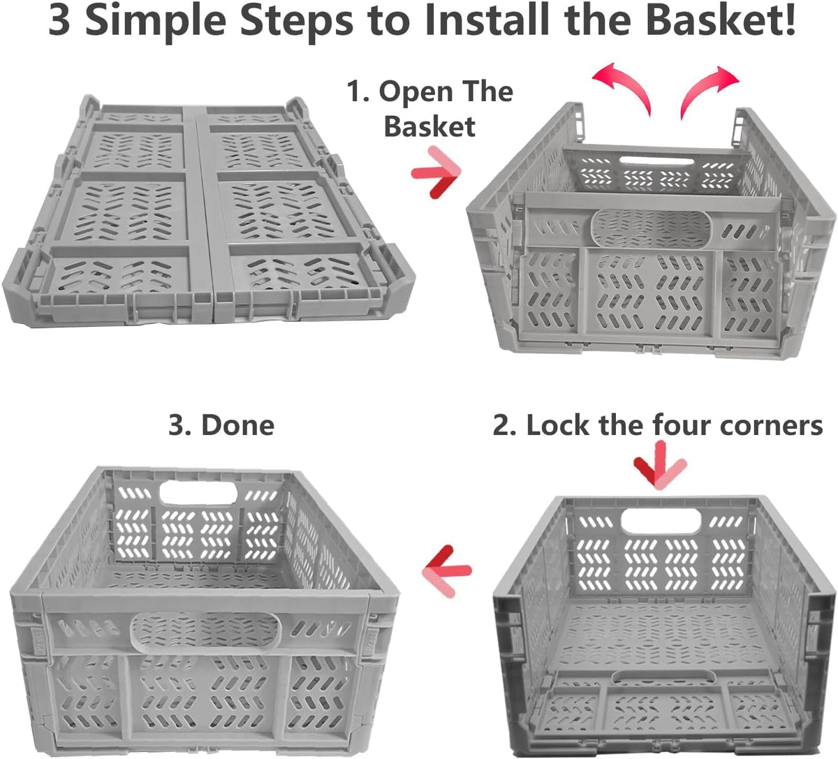 20L Folding Crate, 4Pack Plastic Storage Baskets Organizer for Home and Office,Collapsible Storage Crates for Home Office and Outdoor Organizer.(Grey)
