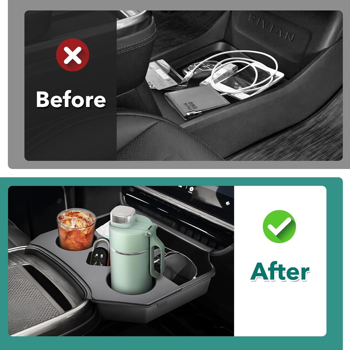 Karltys 2 in 1 Center Console Organizer Dining Tray with Cup Holder for Rivian R1S R1T Accessories 2022-2025 2026, 2 Layer Storage Box with Detachable Drink Holder & Anti-Slip Silicone Mat