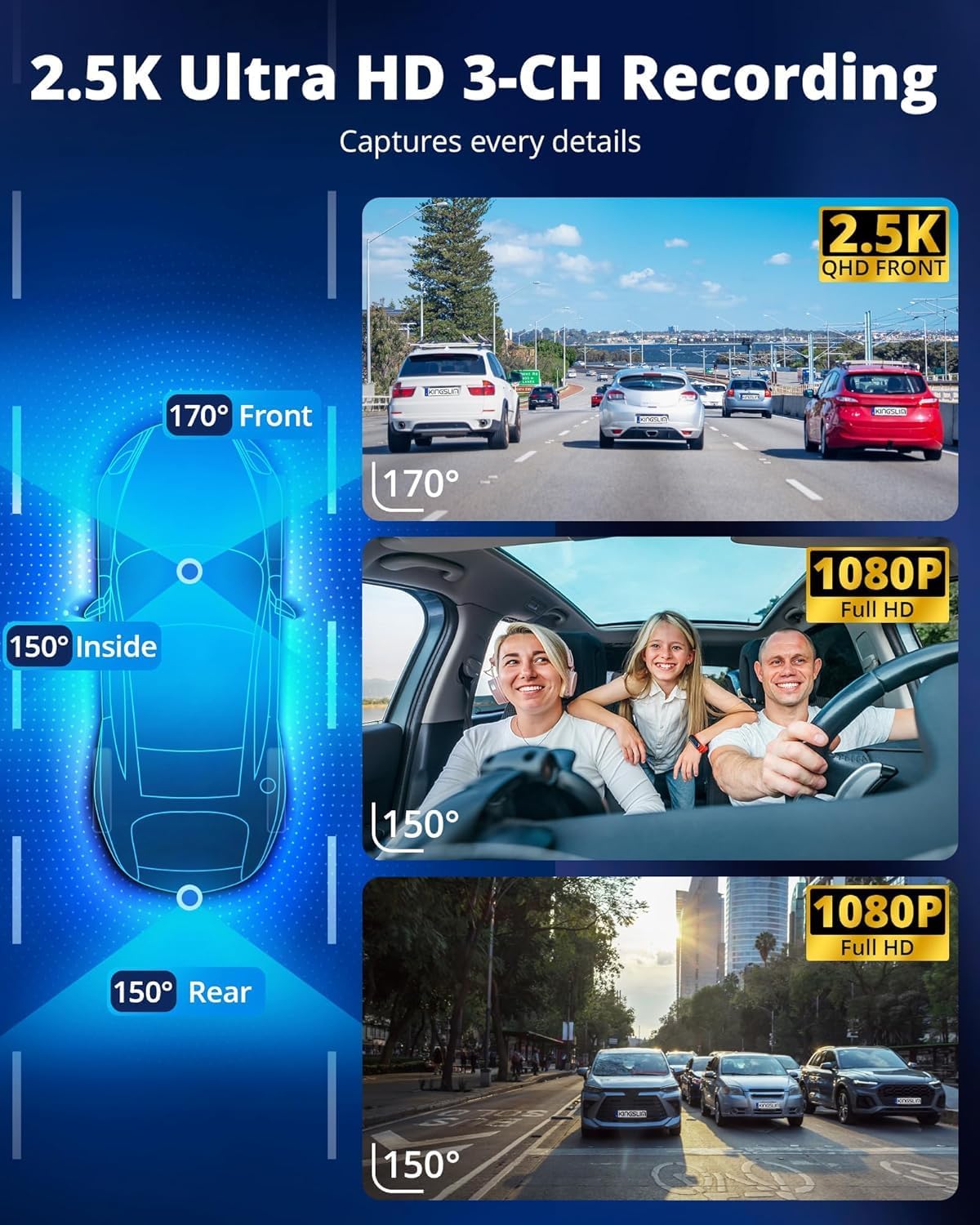 Kingslim 3 Channel 5G WiFi Dash Cam with 64GB Card, 2.5K/1080P Front and Rear Inside Dashcam, 2.5K/1080P/1080P Three Way Dash Camera for Cars Auto IR Night Vision, Loop Recording, APP Control(O3PRO)