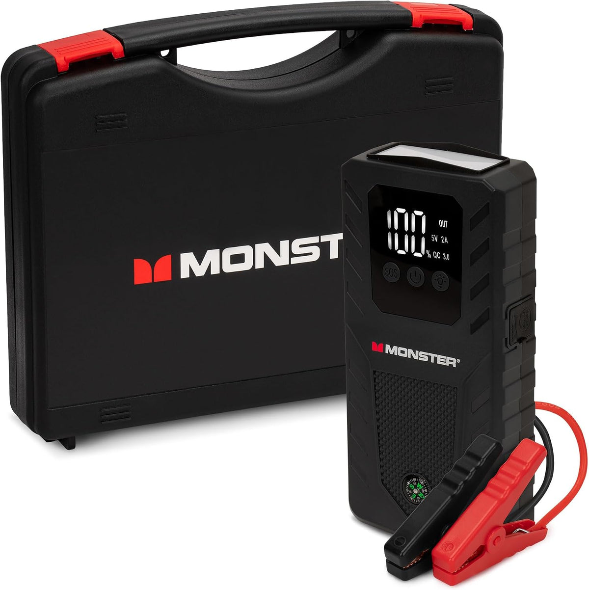 Monster 8000mAh Multi-Function Jump Starter, 12V Output, Dual USB Ports, LED Light, Built-in Compass