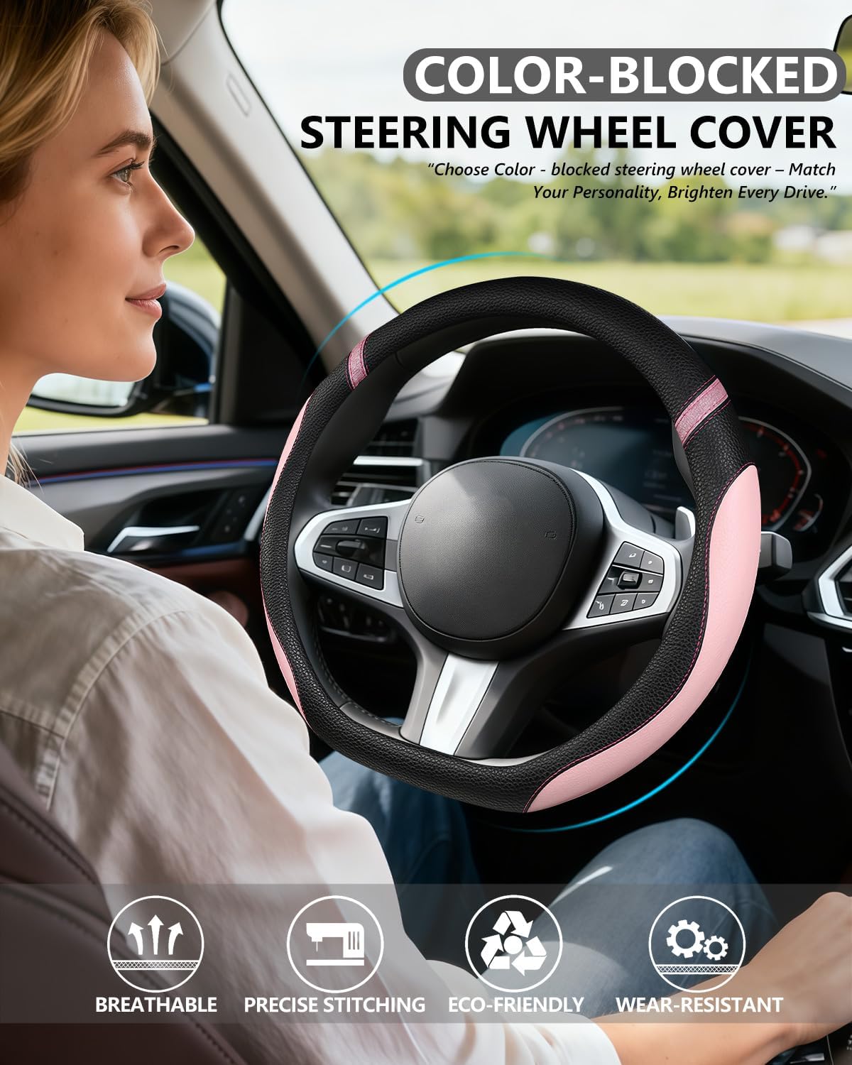 Cxtiy D-Shaped Flat Bottom Steering Wheel Cover for Women Girl - Stylish Car Accessory Non-Slip Car Interior Accessories (Pink)