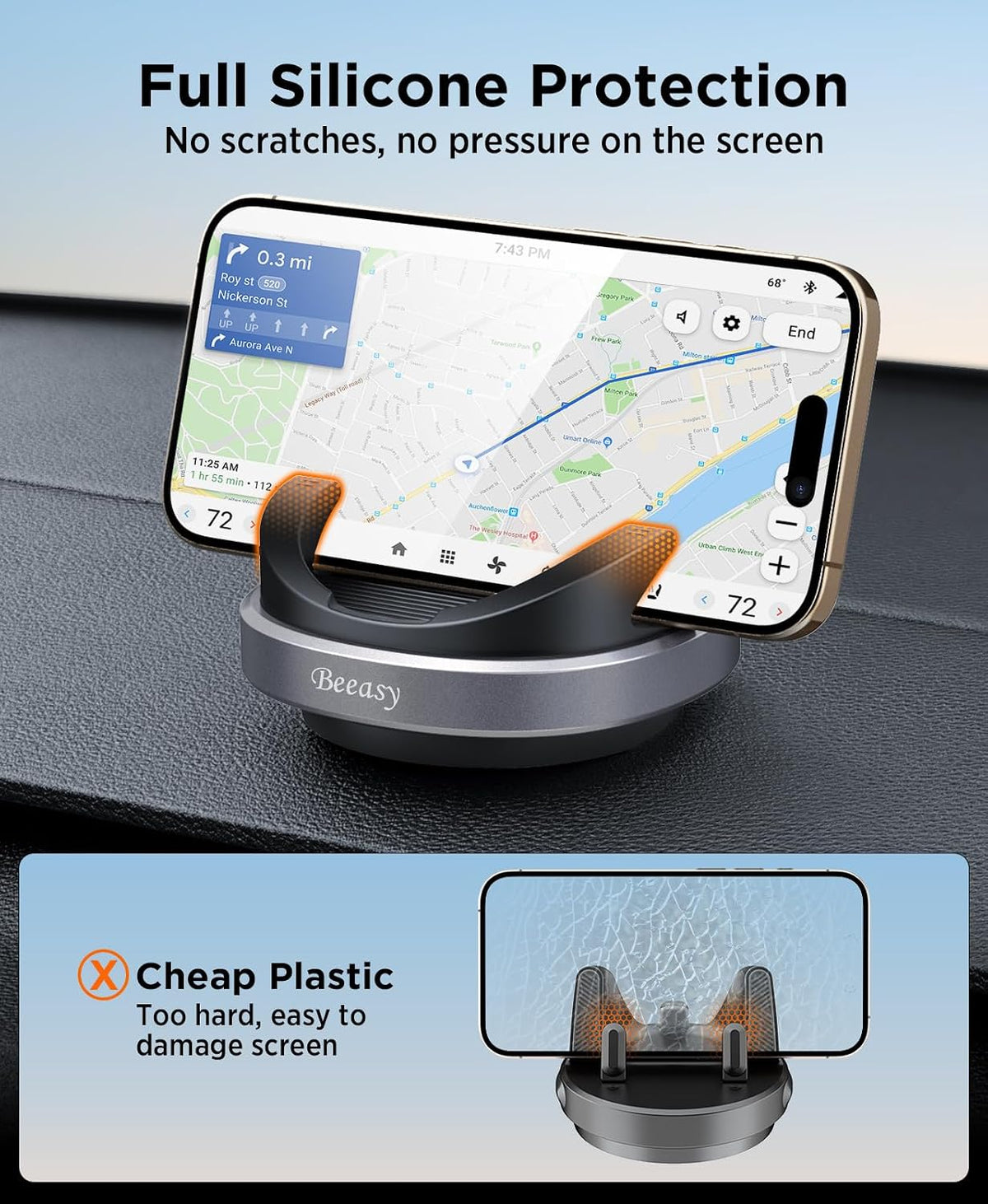 Beeasy Car Phone Holder Mount, 360° Rotation Dashboard Phone Holder, Washable Nano Gel & Silicone Anti-Slip Car Mount for iPhone 17/16/15/14, Samsung, Google Pixel, All Smartphones & GPS