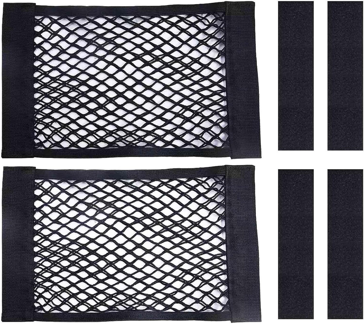 2PCS Universal Car Cargo Net with Adhesive Tape, 9.8×15.7in Trunk Storage Mesh Pocket Wall Mount Organizer Bag for Car RV SUV Boat Truck Camper Van Trailer (Black)