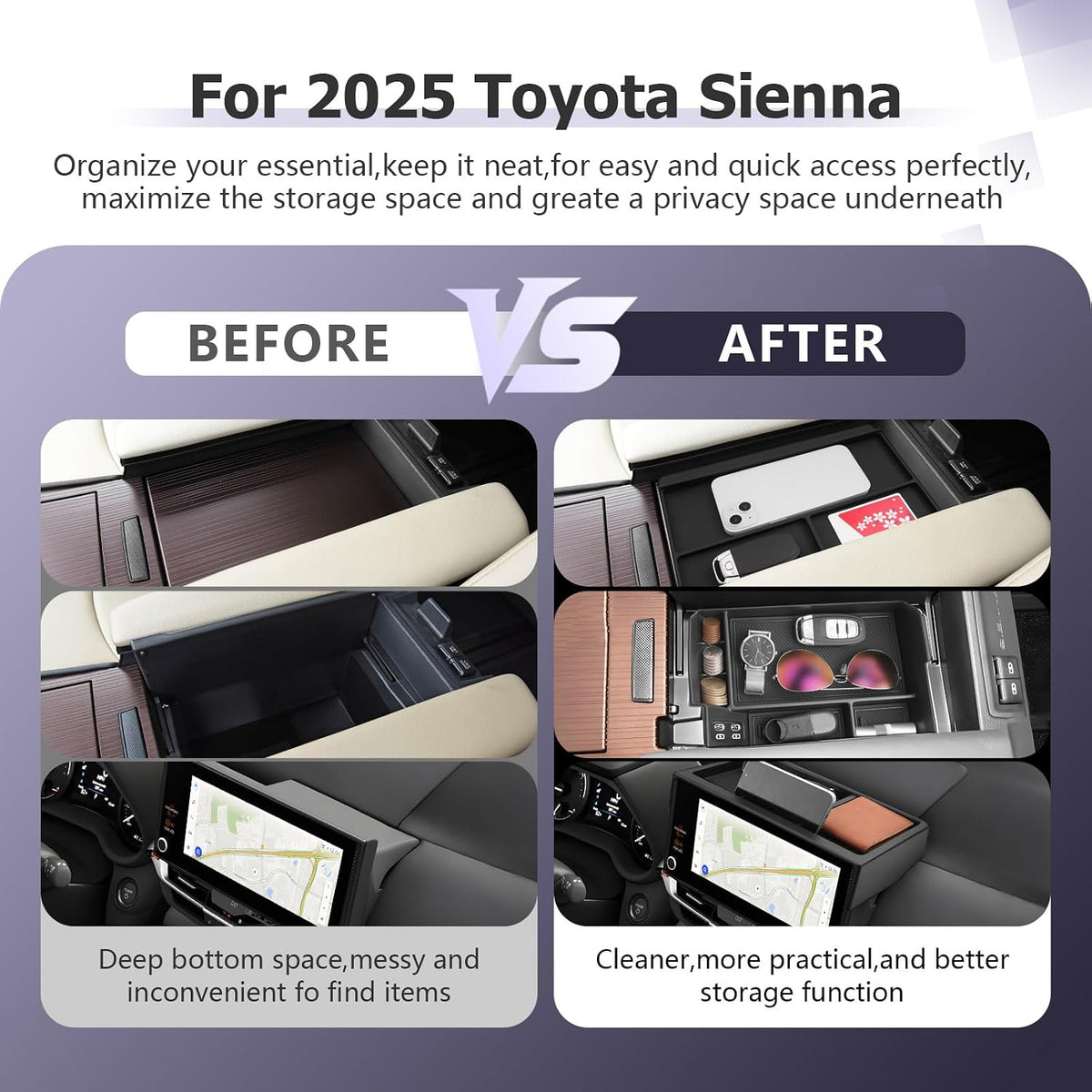 LUWU 2025 2026 Sienna Accessories for 2025 2026 Toyota Sienna Accessories Dashboard Storage Tray, Center Console Organizer, Anti-Slip Armrest Lid Black 3-Pack (ONLY for 12.3-INCH Screen)