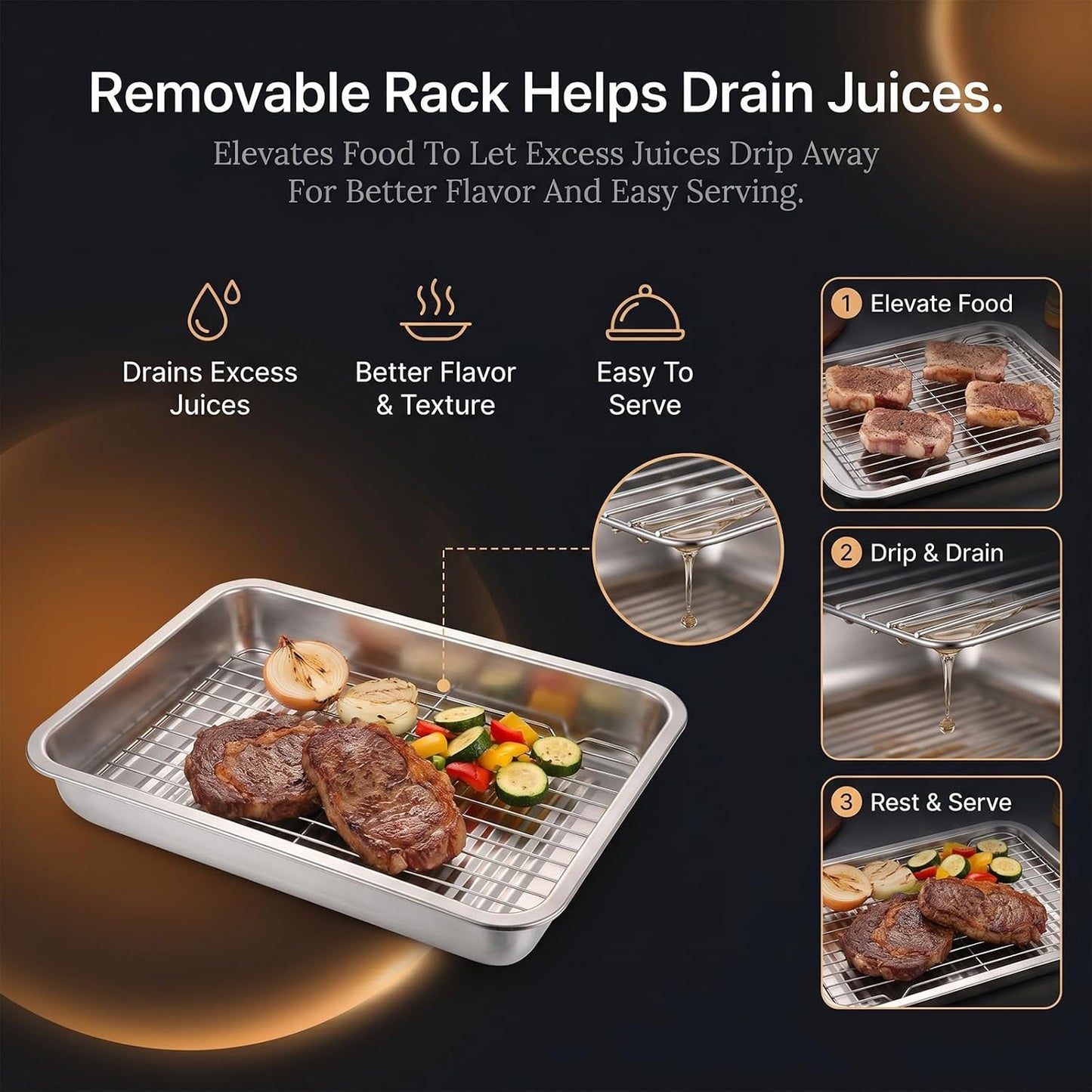 Grilling Prep and Serve Tray Set with Lids, Set of 5 Food Prep System, Includes Stackable Stainless Steel BBQ Trays, Deep Marinating Container and Raised Racks for Marinating, Carrying & Serving