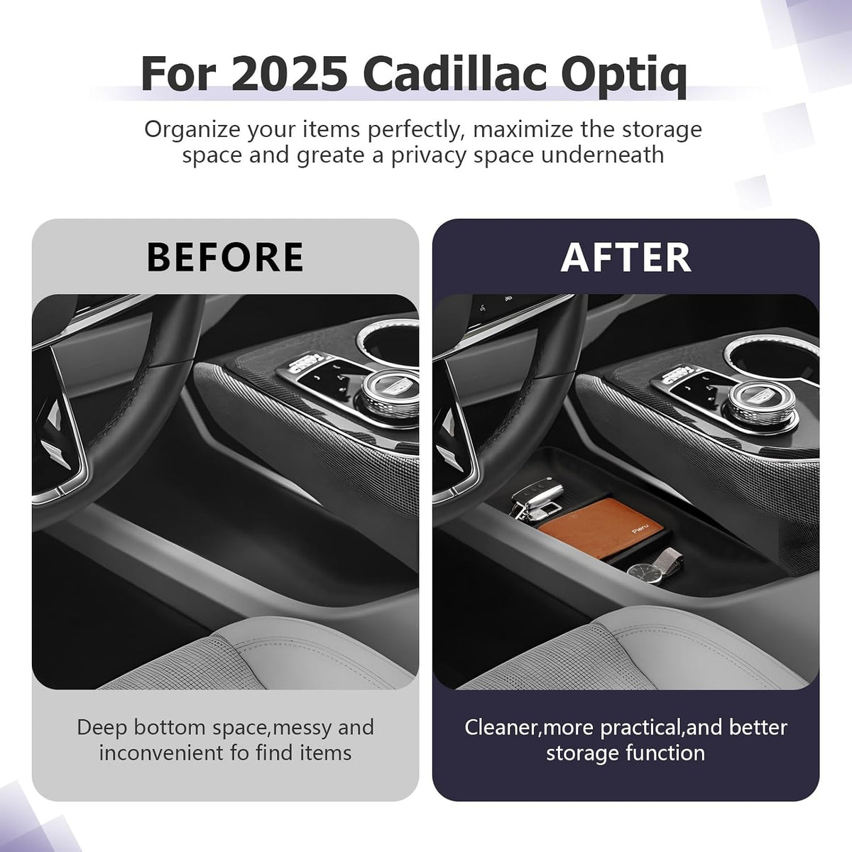 LUWU 2025 Cadillac Optiq Lower Center Console Organizer Compatible with 2025 Cadillac Optiq Luxury/Sport Accessories Armrest Console Organizer Armrest Insert Tray Black
