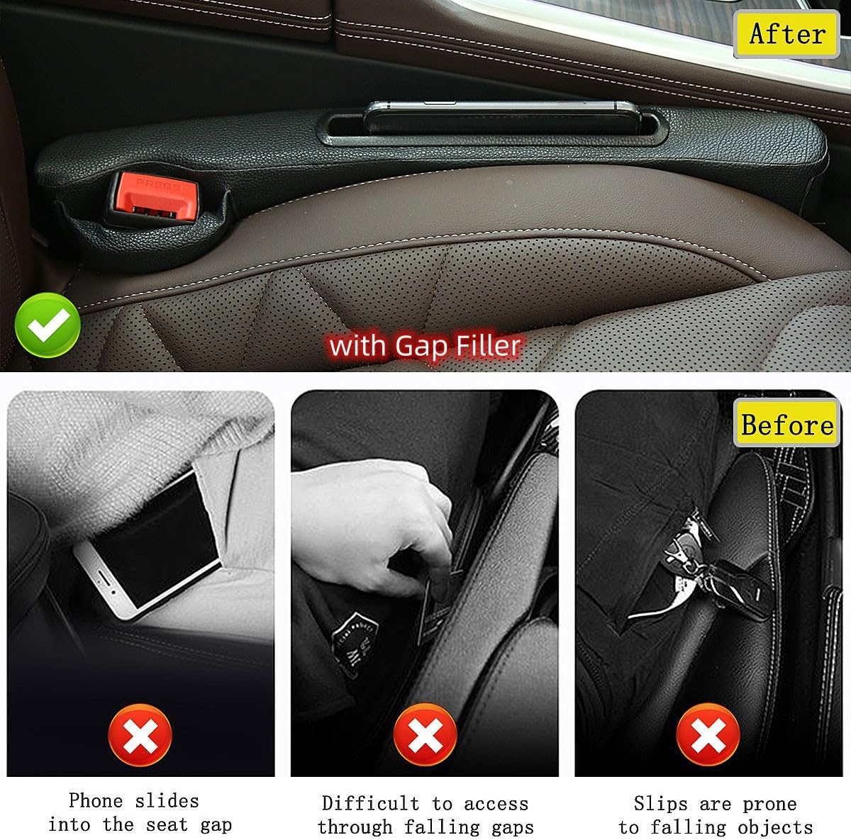 2 Pack Car Seat Gap Filler Organizer for Driver Side and Passenger Side Auto Center Console Side Filler Filler for Car Front Seat (Black 2 pcs)