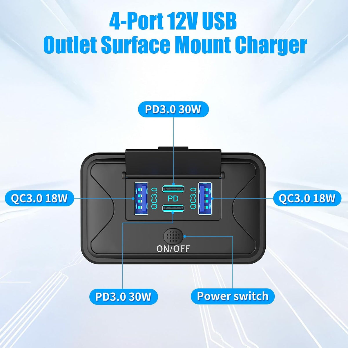 78W 4 Port 12V USB Outlet Wall Mount, Dual 36W PD & Dual 18W QC3.0 Lightweight Surface Mount Charger Socket Panel with Button Switch for Bus RV Truck Marine Golf Cart