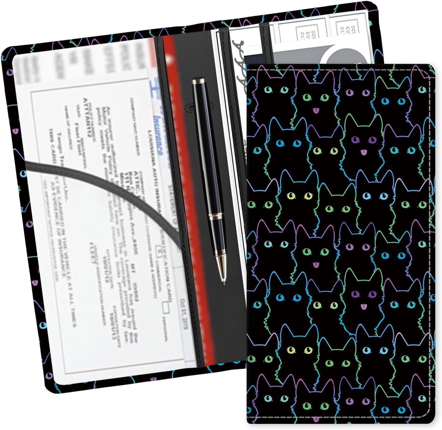 Leather Car Registration and Insurance Card Holder, Cute Car Accessories Vehicle Glove Box Car Organizer for Documents, Cards, License Cute Black Cats