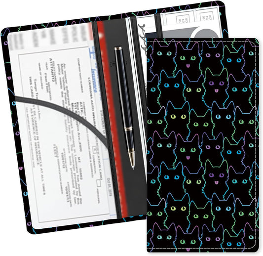 Leather Car Registration and Insurance Card Holder, Cute Car Accessories Vehicle Glove Box Car Organizer for Documents, Cards, License Cute Black Cats