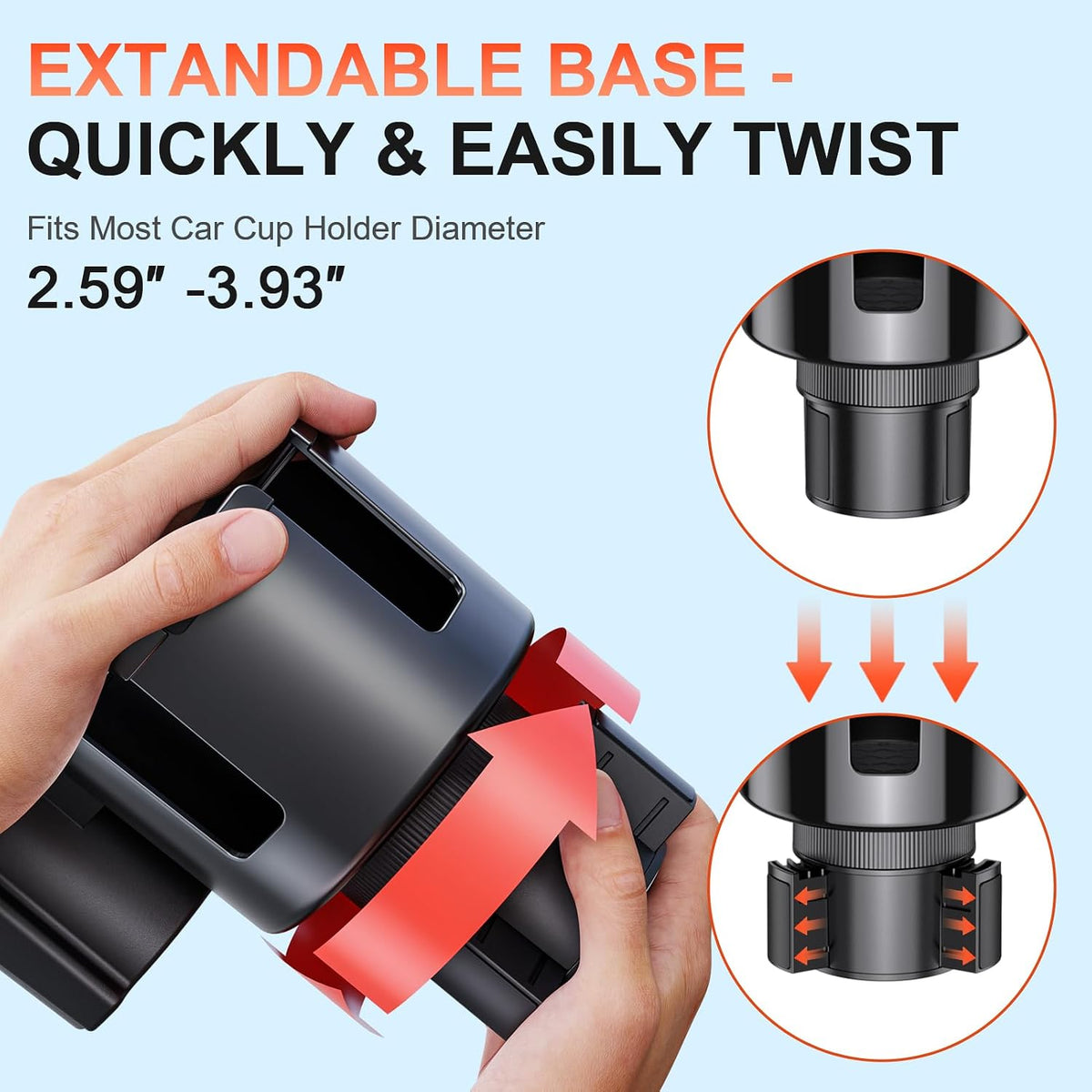 2-in-1 Car Cup Holder Expander, Upgraded Cup Adapter for Car with Offset Option,Phone Holder - Adjustable Base,Versatile Car Accessories Fits Yeti,Hydroflask & Large Water Bottles in 2.2"-4.2" (Black)