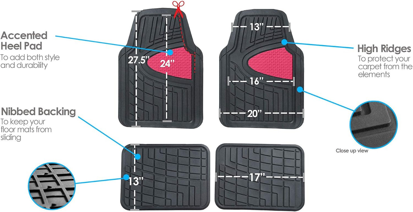 FH Group Automotive Floor Mats - Heavy-Duty Rubber Floor Mats for Cars, Universal Fit Full Set, Climaproof Floor Mats, Trimmable Floor Mats for Most Sedan, SUV, Truck Floor Mats Pink