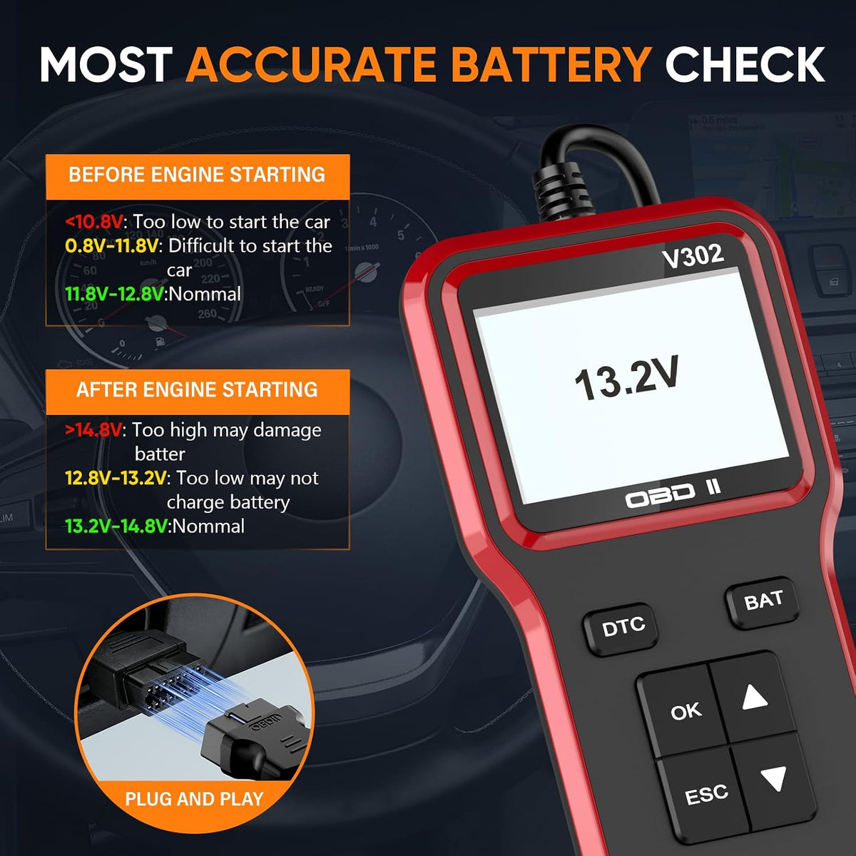 OBD2 Scanner and Battery Tester, Vehicle Code Reader for Check Engine Light