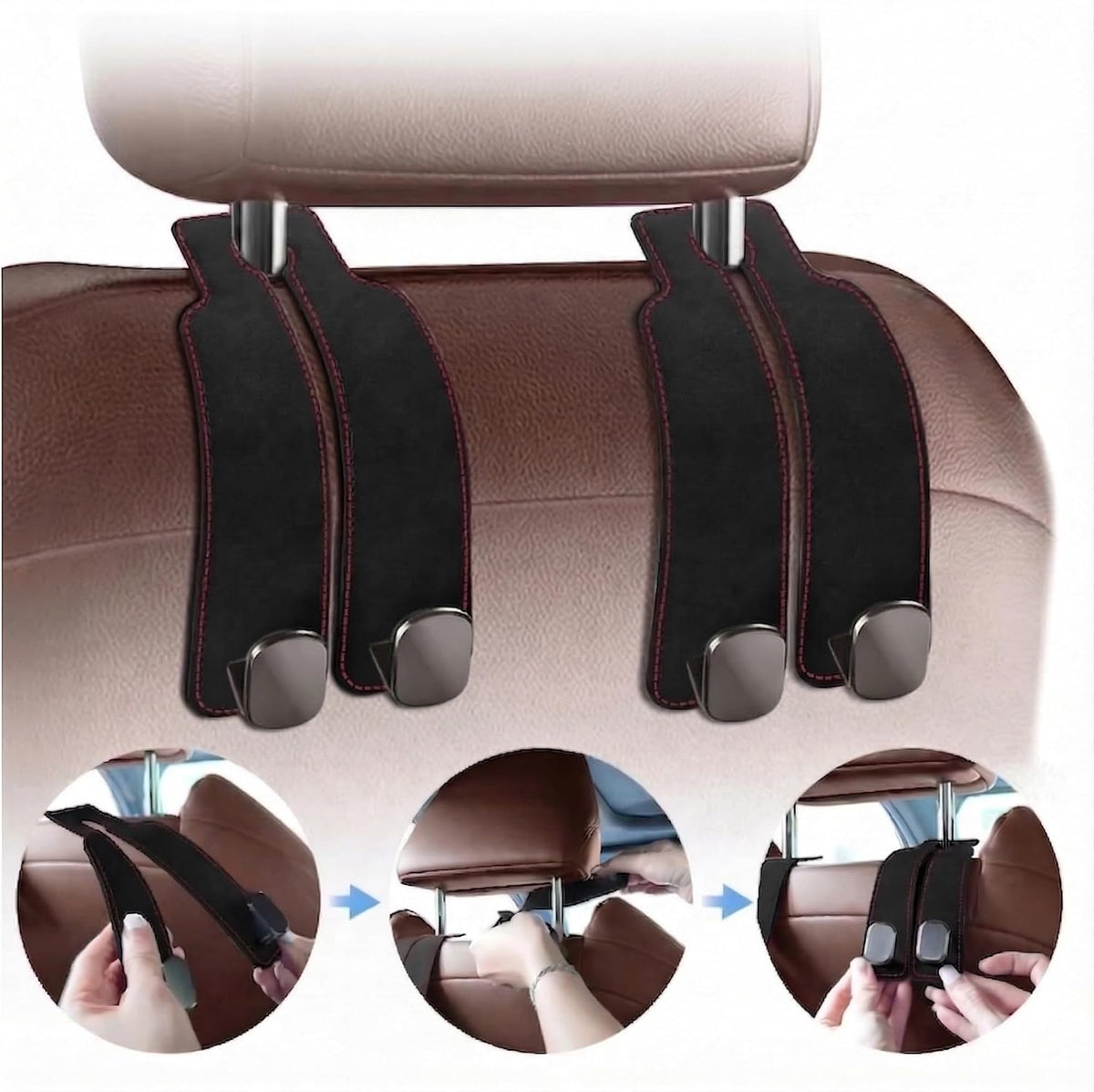 4Pack Headrest Hooks for Car Dual Hook Leather Metal Hanger,Black