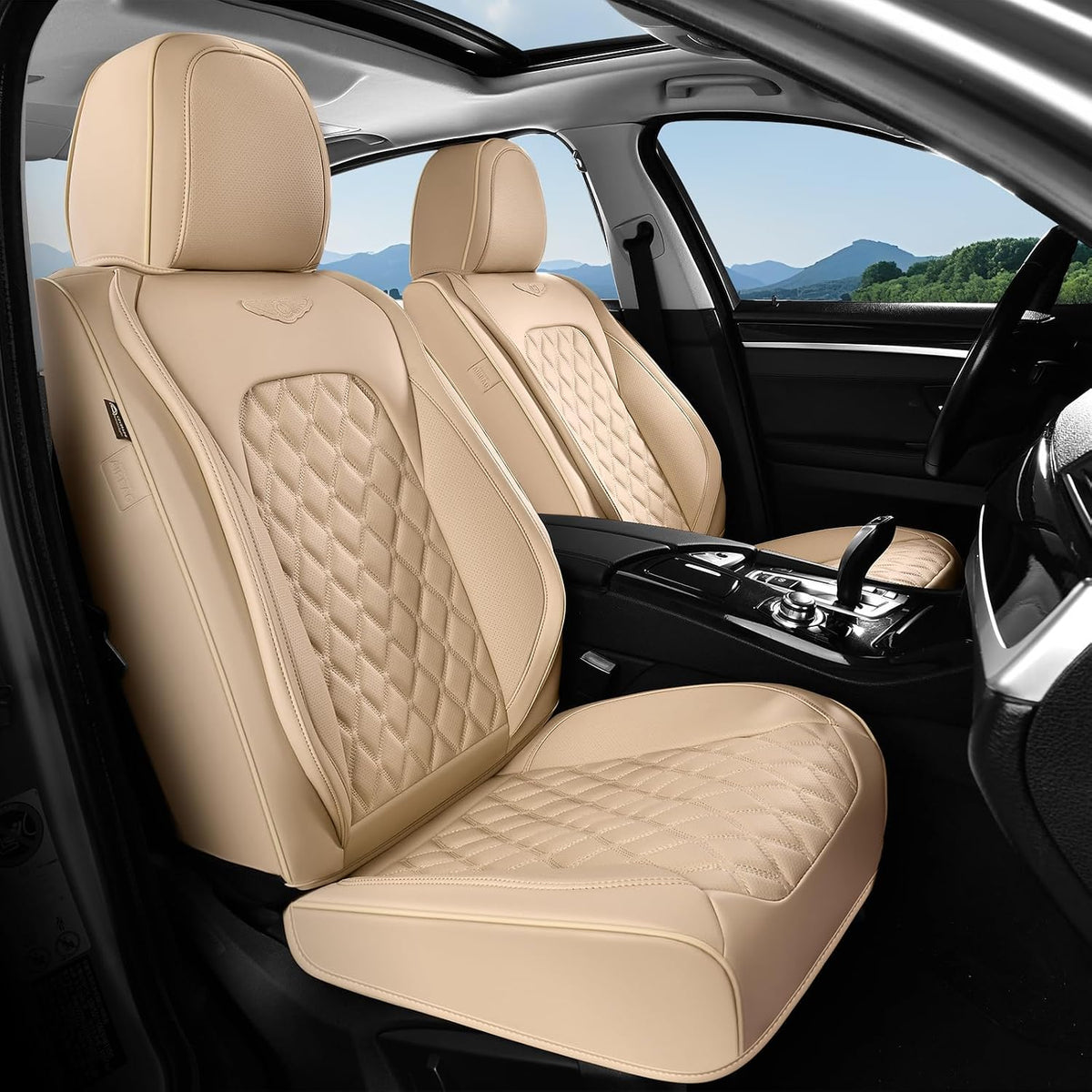 Coverado Car Seat Covers Full Set, Black Seat Covers for Car with Lumbar Support, Nappa Leather Seat Covers Waterproof Car Seat Protectors Universal Fit for Most Cars SUV Trucks