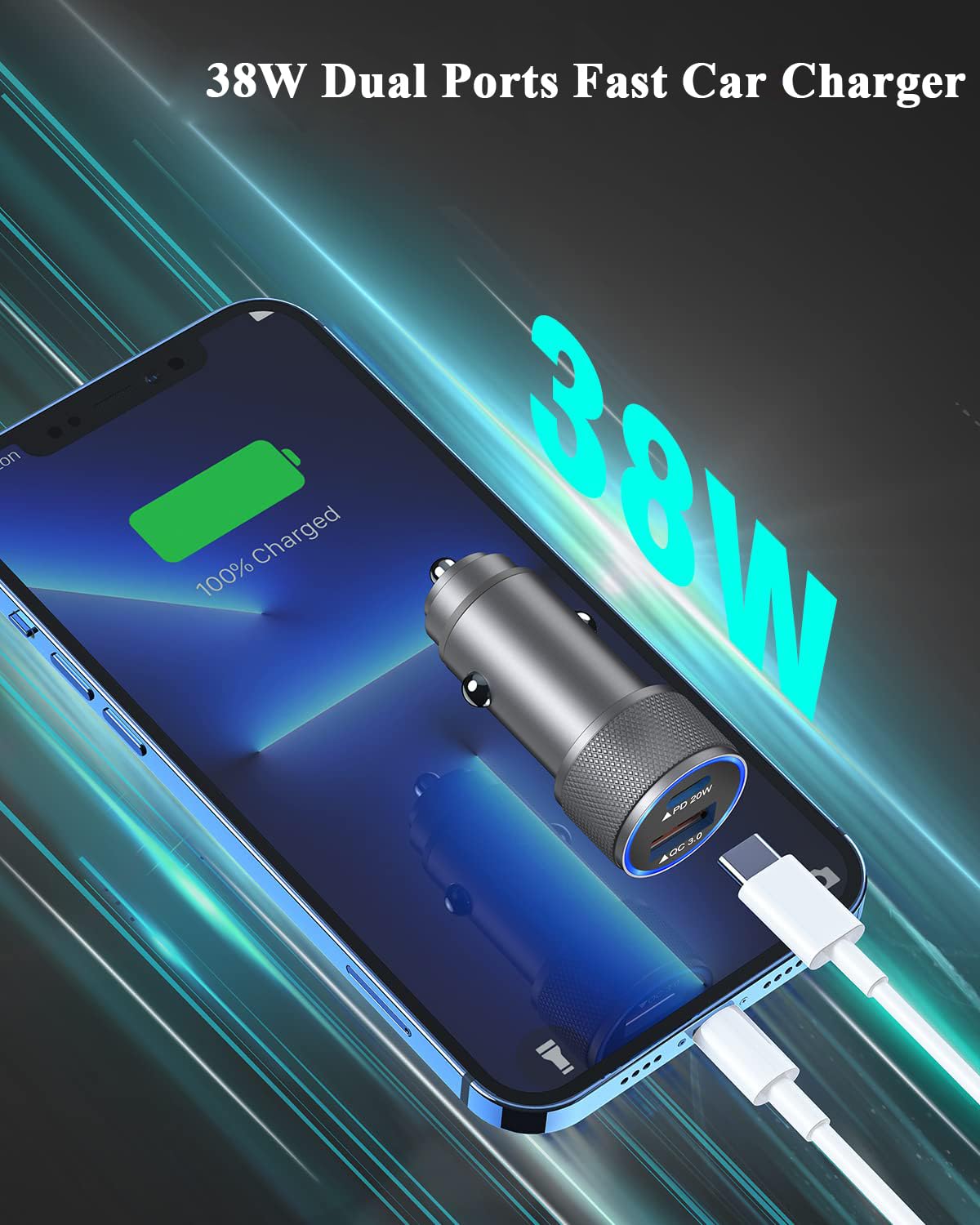 iPhone Car Charger,【2Pack】38W Dual Port USB C+QC3.0 [Apple MFi Certified] Fast Charging Cigarette Lighter iPhone Charger Car Adapter with【2 Pack】Lightning Cable for iPhone 14 13 Pro Max 12 11 X - Grey