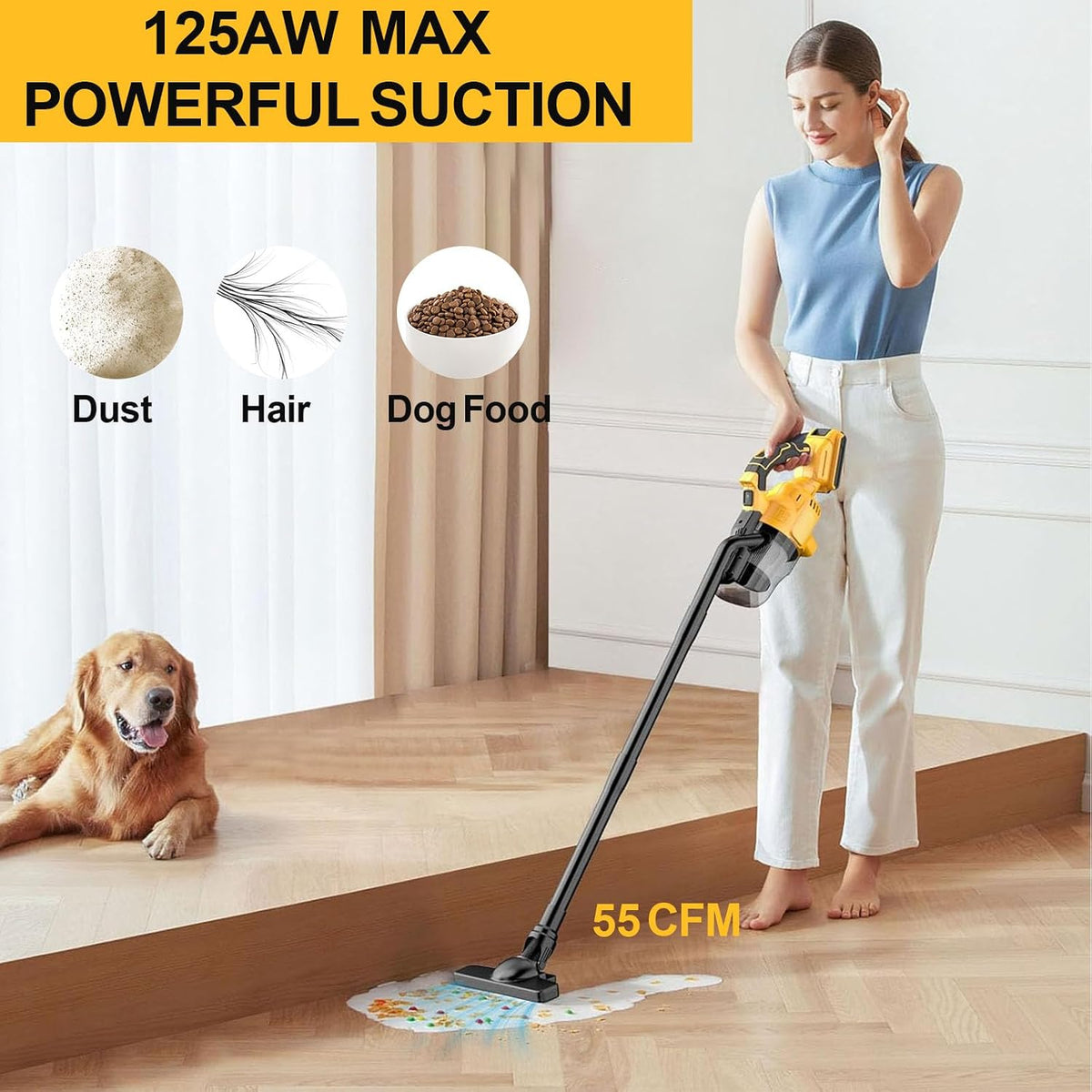 Cordless Vacuum Cleaner for De-Walt 20V, Brushless 5 in 1 Stick Vacuum with Washable HEPA Filter 55CFM Handheld Vacuum Cleaner for Floor, Carpet, Car, Shop Vac(Tool Only)