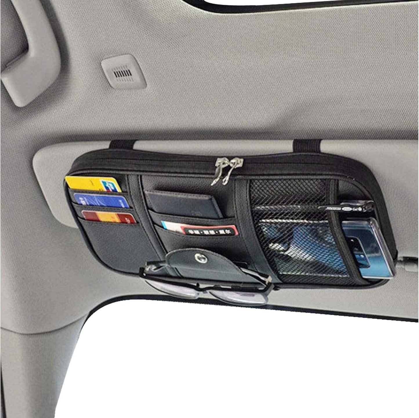 Da by Car Sun Visor Organizer, Multi-Pocket Visor Organizer Storage Pouch for Cars, SUVs & Trucks with Double Zippers, Elastic Bands & Glasses Clip - Organizes Essentials Keep Tidy (Cream Grey)
