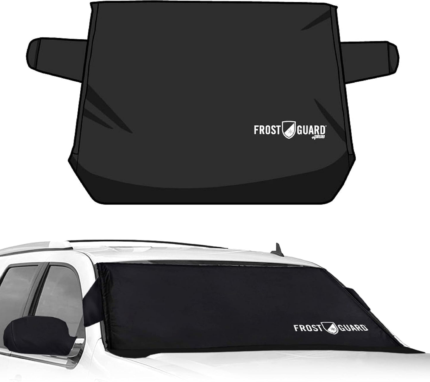 FrostGuard Plus | Winter Windshield Cover for Ice and Snow, XL Size (Black) - Built-in Security Panels, Wiper Blade Coverage + Mirror Covers - Fits XL Size Cars, Trucks and SUVs, 68 x 41 Inches