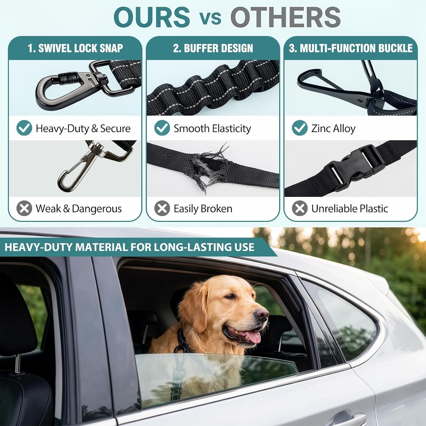 Dog Car Seat Belt 3-in-1, Escape Proof Dog Seatbelt for Car, Adjustable Pet Seat Belt with Shock Absorbing Bungee, Heavy Duty Dog Safety Belt for Small Medium Large Dogs, Black