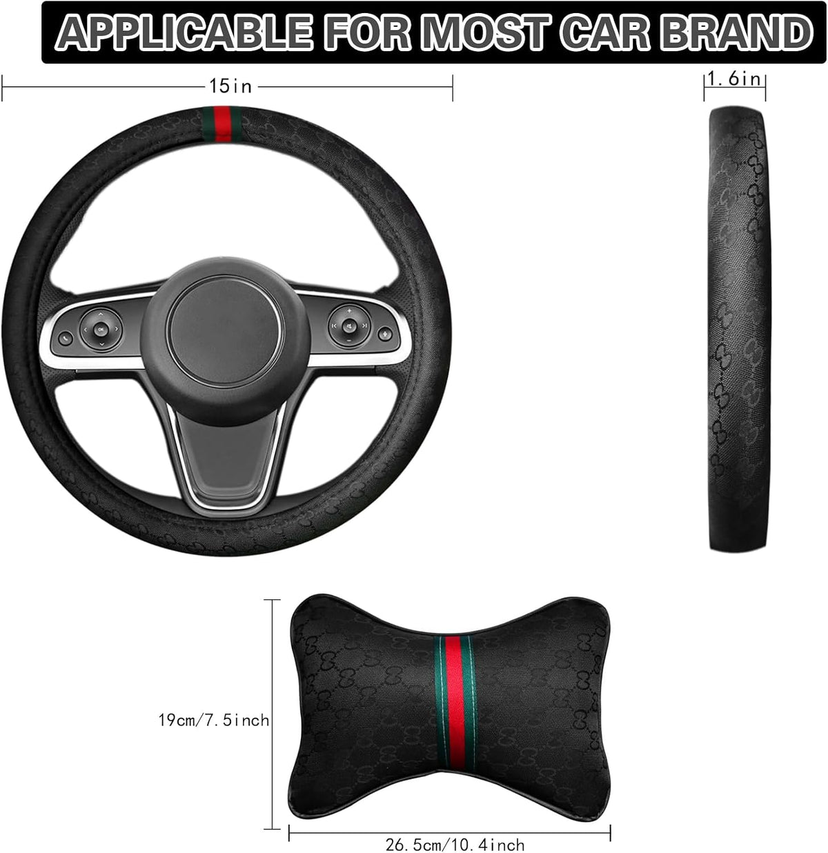 5PCS Steering Wheel Cover, with 2 Headrests, 2 Seat Belt Covers - Universal Fit for 14.5-15" Steering Wheel, Enhances Driving Experience - Perfect for Women (Black)