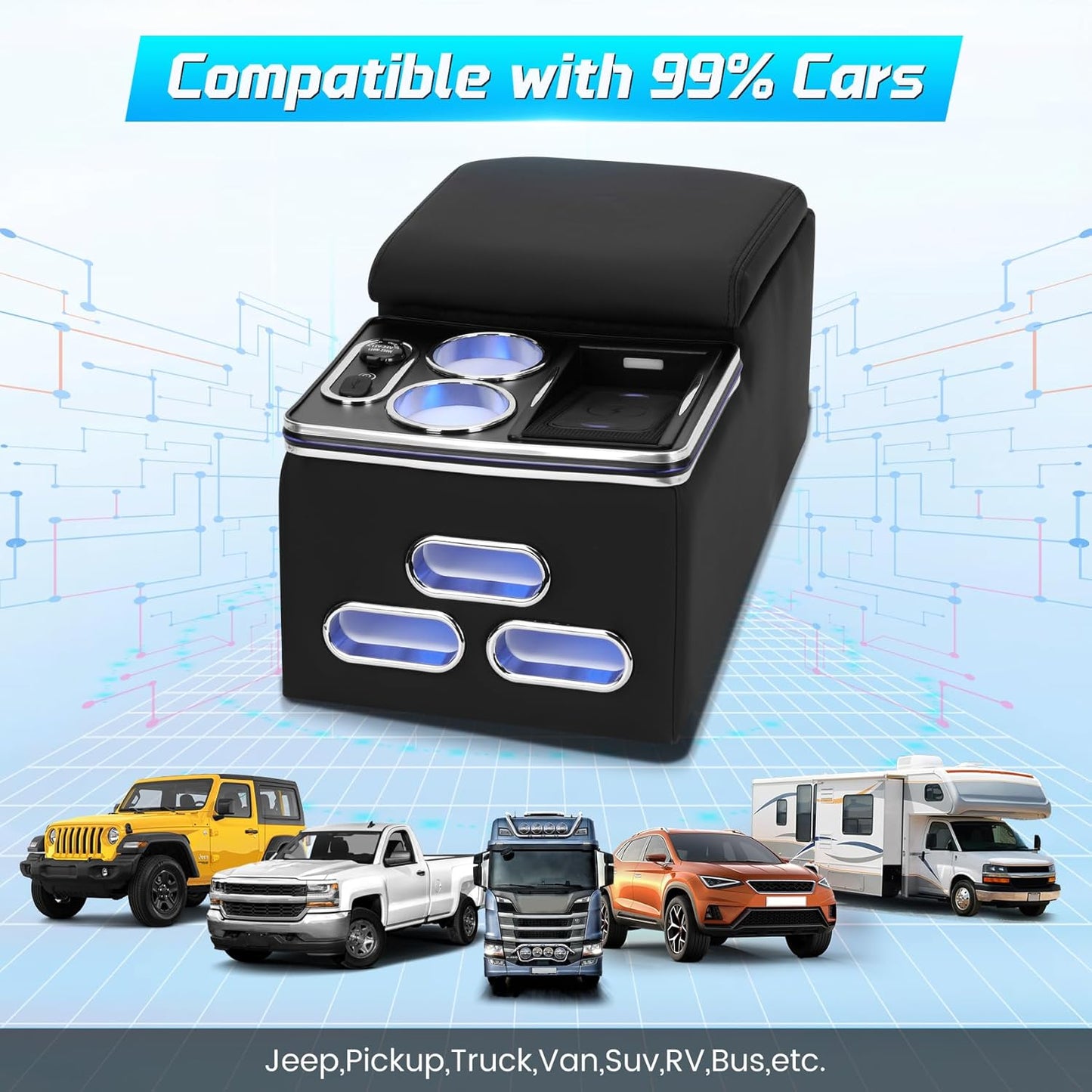Universal Center Console Armrest Organizer with Wireless Charging Phone Holder Cup, Truck Bench Seat Center Console, Rear Bench Seat Armrest van, Car Minivan Truck,Center Console Armrest Organizer