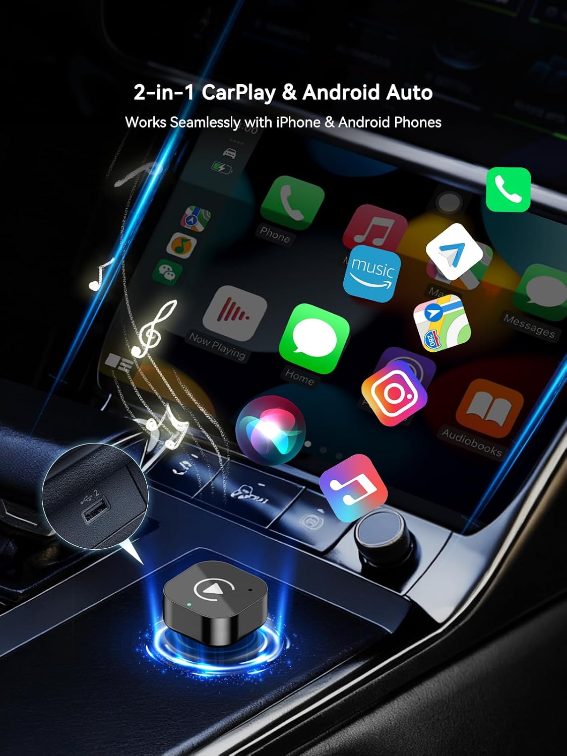 Wireless CarPlay & Android Auto Adapter, 2-in-1 Wireless CarPlay Adapter for Factory Wired CarPlay and Android Auto Cars, 5GHz WiFi, Bluetooth 5.0, Auto Connect, Plug and Play, OEM Control