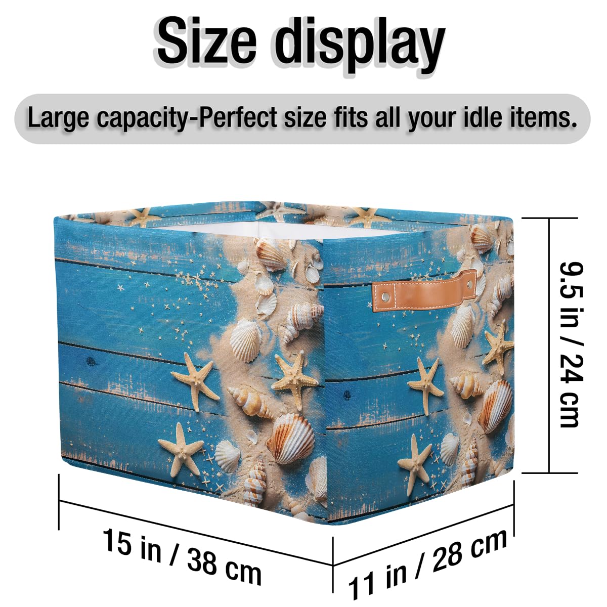 Blue Wooden Board Storage Baskets for Organizing, Fabric Collapsible Storage Bins Box Seashells Decorative Toy Organizer Baskets for Closet Shelves Gift Basket 1 Pc