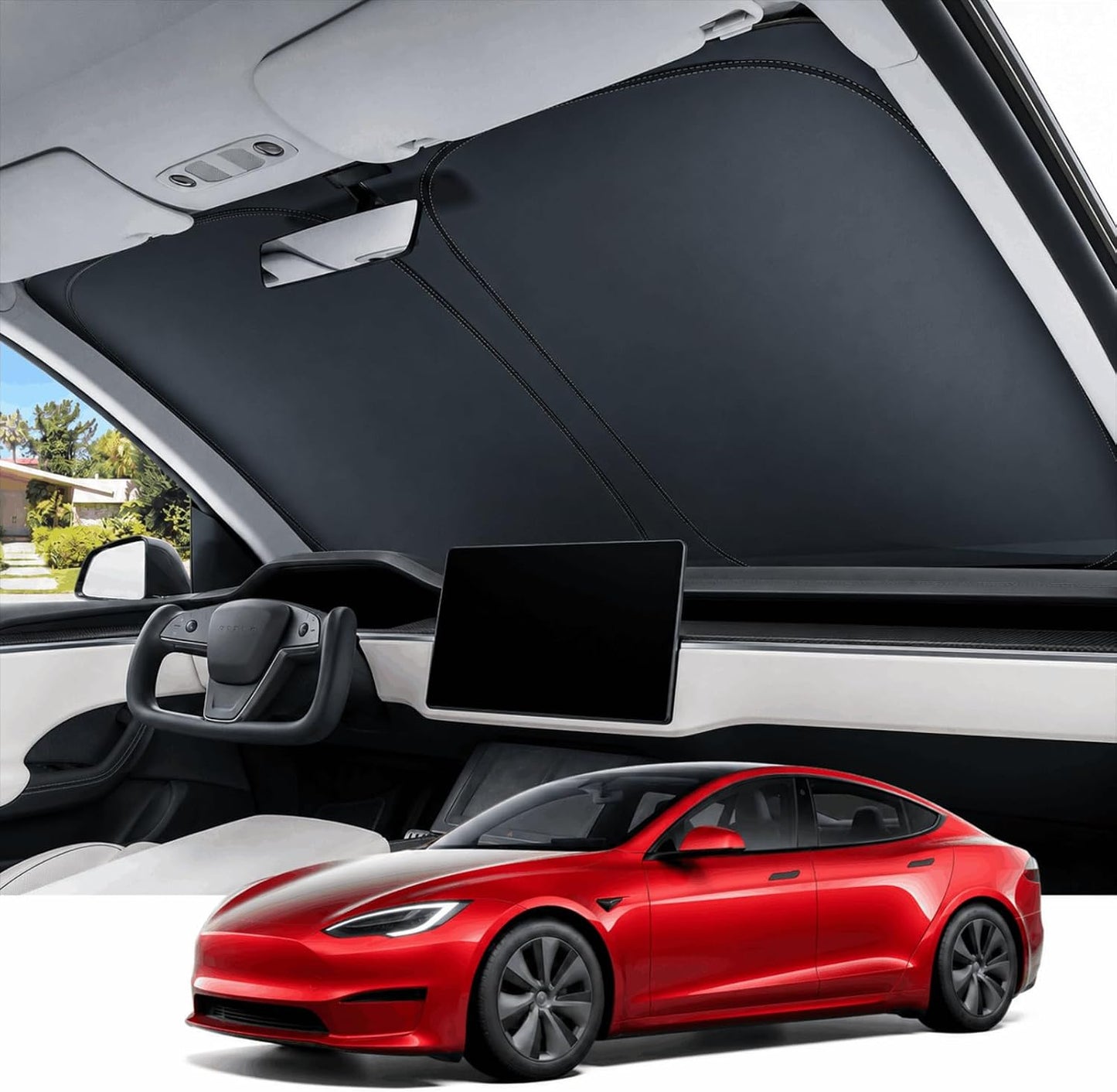 REEVAA Upgraded for Tesla New Model Y 2016-2026 (Juniper) Windshield Sunshade [Tailored Fit, 99% Sun Protection] Foldable Sun Shade Car Accessories with Storage Bag