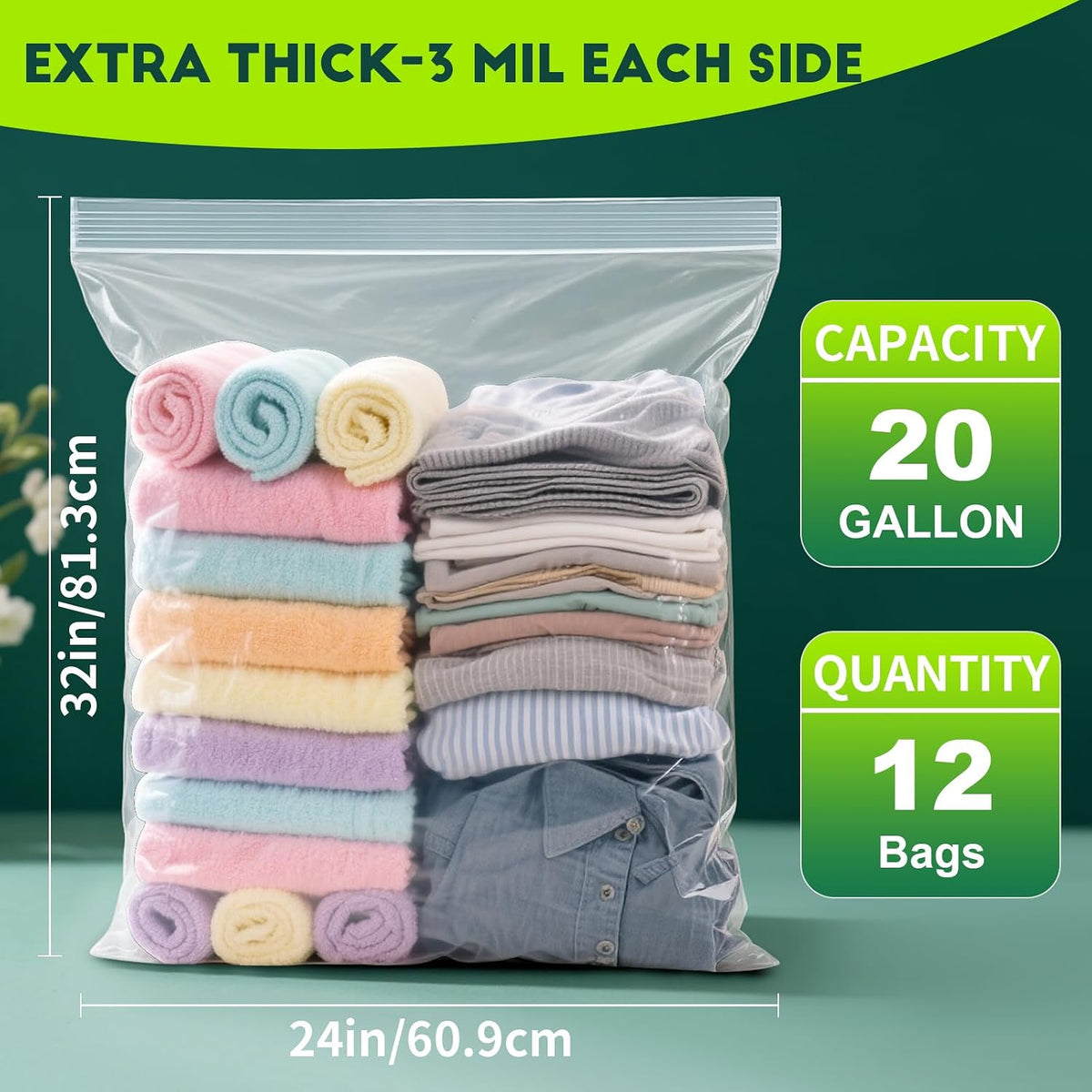 TUXIYA 12PACK 20 Gallon Extra Large Zipper Plastic Bags for Storage 24"x32"