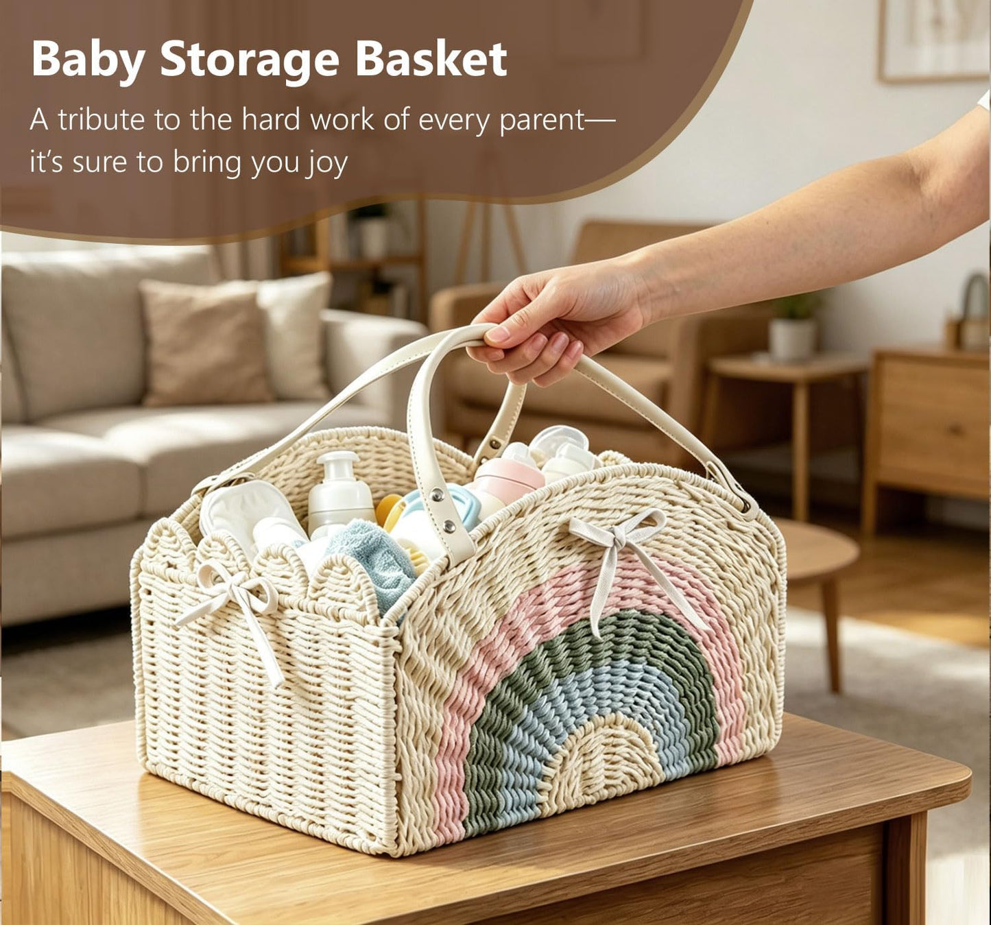Large Baby Diaper Caddy, Paper Rope Storage Baskets Nursery Bin with Removable Divider, Portable Car Organizer for Diapers, Baby Shower Gifts, Newborn Essentials Must Haves (Light beige)
