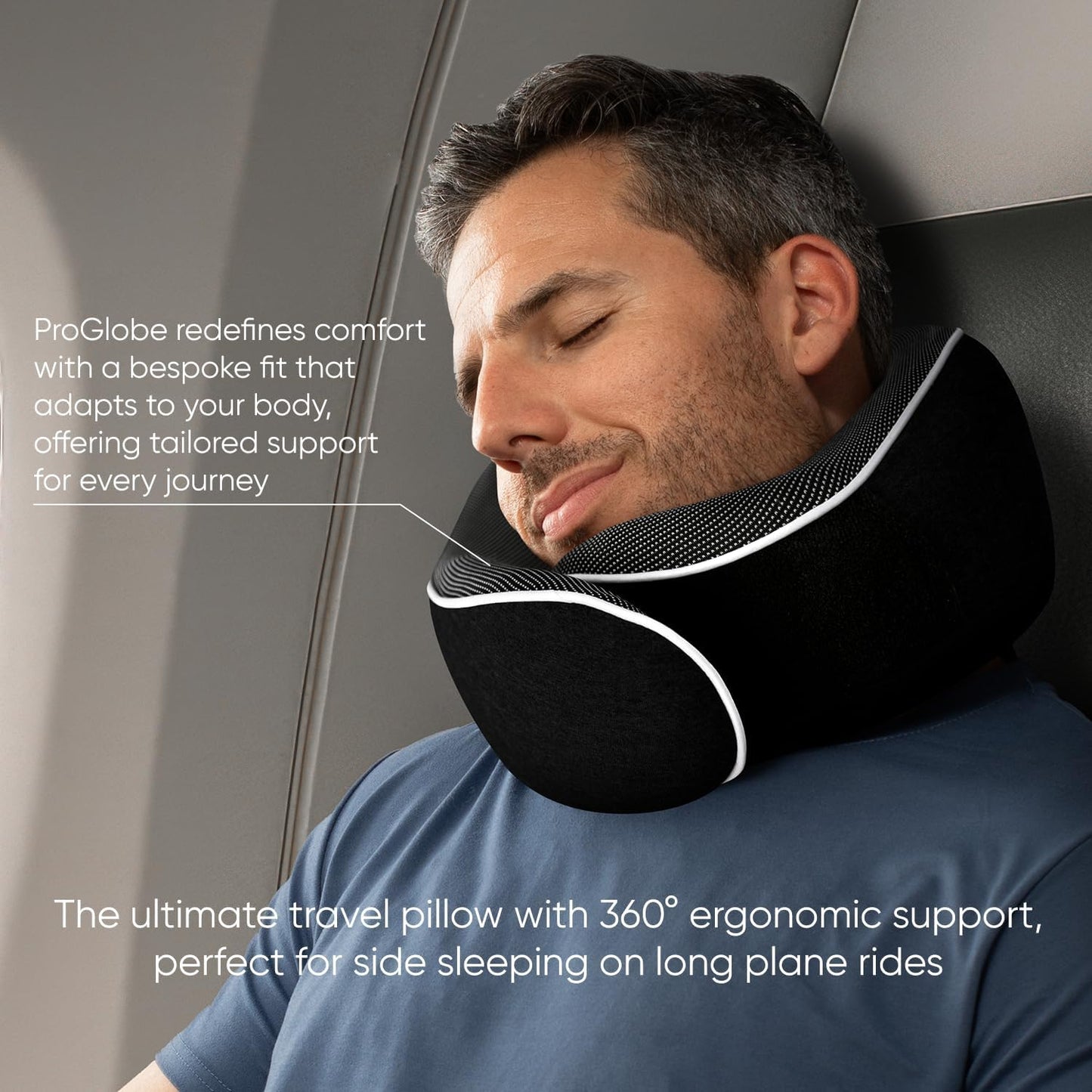 Proglobe Orthopedic Neck Pillow, Travel Neck Pillows for Airplanes, Memory Foam Kit, 360° Head Support, Airplane Pillow Set with 3D Contoured Eye Masks, Earplugs, and Luxury Mesh Bag (Black)