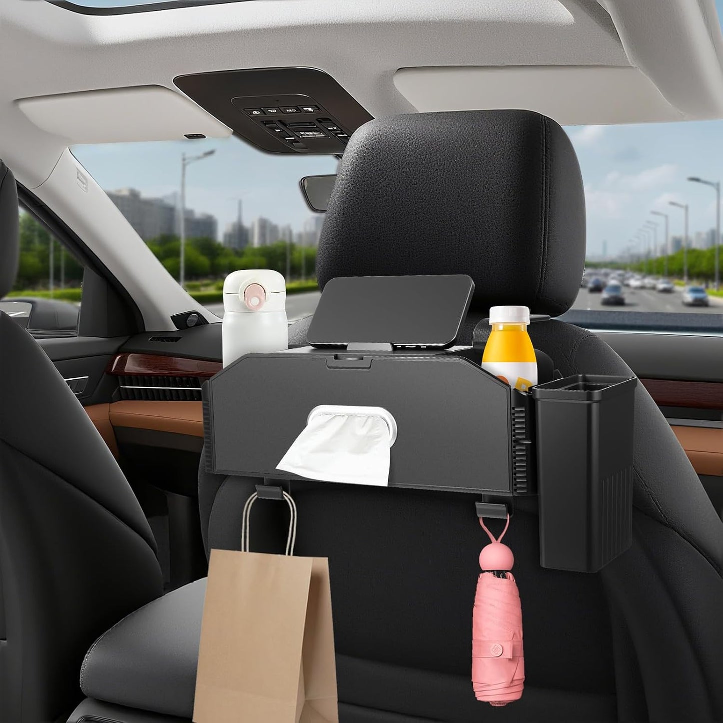 7-In-1 Car Seat Back Organizer with Cup Holders, Tissue Box, Removable Trash Can & Hooks, Multifunctional Car Seat Back Storage Box, Extra Headrest Cup Holder for Backseat (Black02)