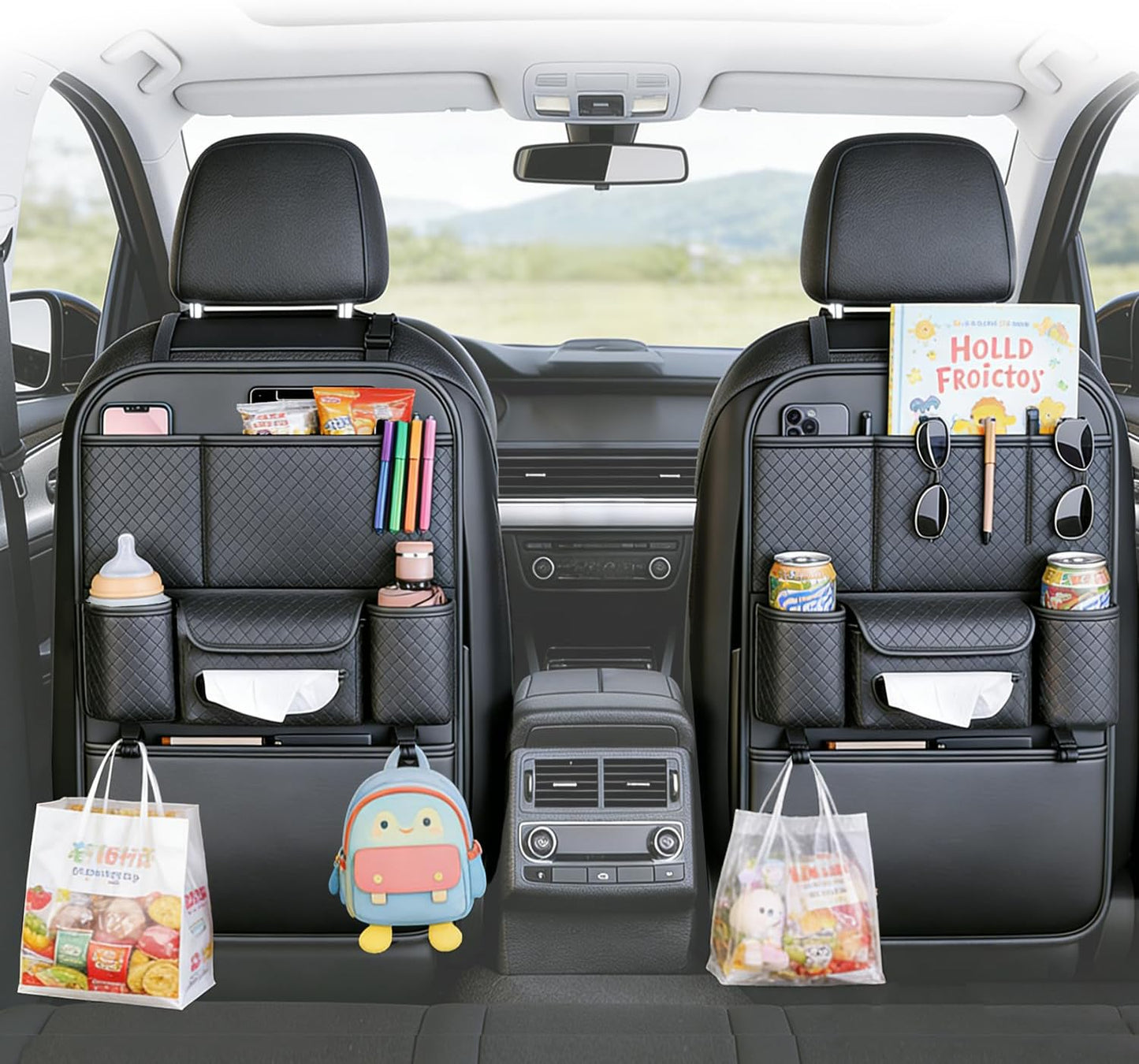 2-Pack Backseat Car Organizers with Hooks - Hanging Car Seat Back Organizers for Toys, Tablets, Books & Tissues - Hanging Car Back of Seat Storage Bags for Kids Toddlers, Black Leather Car Kick Mats
