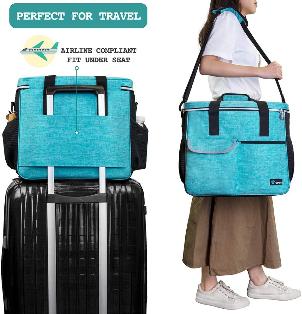 PetAmi Dog Travel Bag Organizer, Pet Travel Kit with 2 Food Containers & 2 Collapsible Dog Bowls, Pet Supplies Tote with Luggage Sleeve, Weekend Road Trip Camping Essentials, Teal Blue, Large